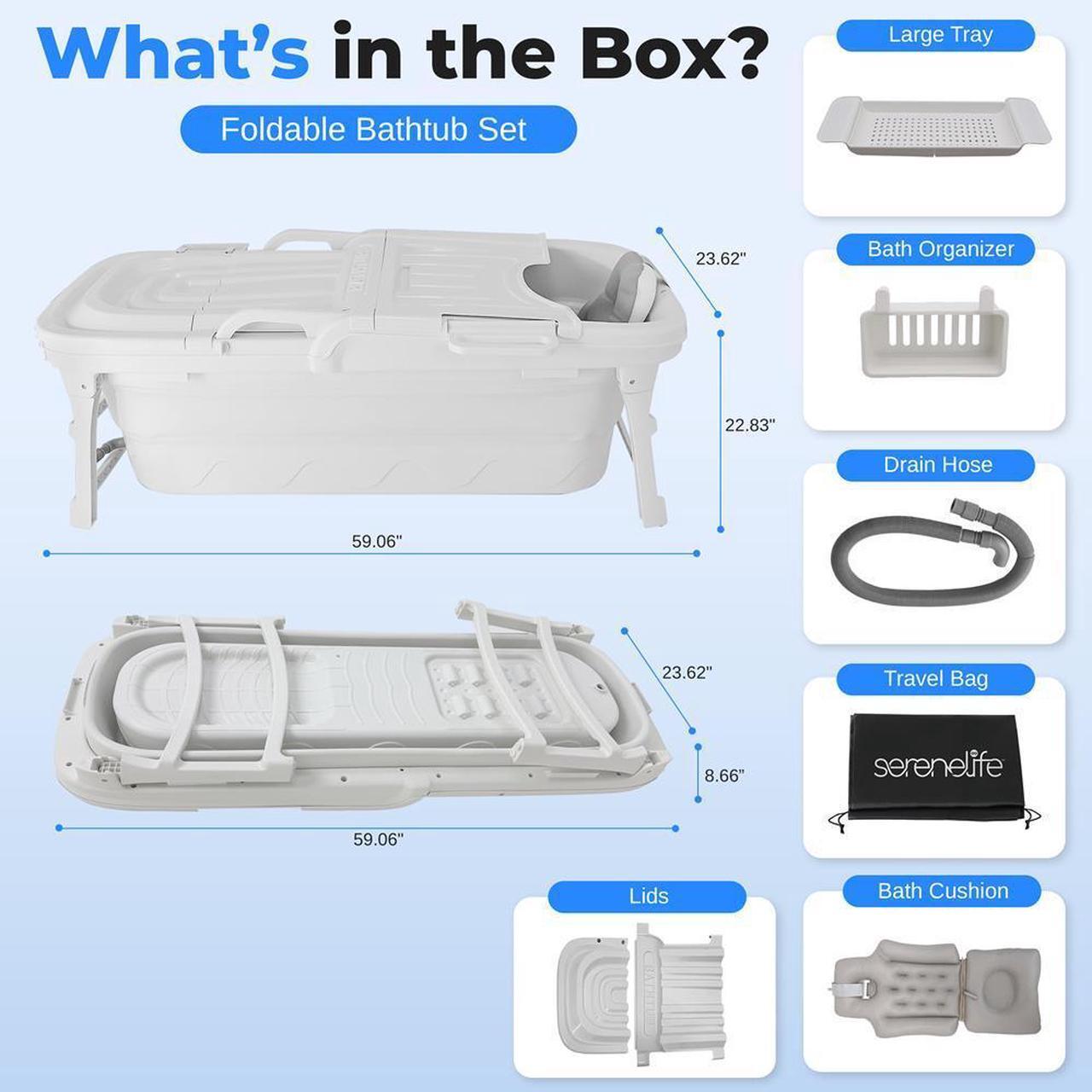 Alt view image 4 of 7 - SereneLife 1.5M Foldable Bathtub Set  Includes Lid, Tray, Bag, Drainage Pipe, Bath Cushion & White Spray for Indoor/Outdoor Use (White)