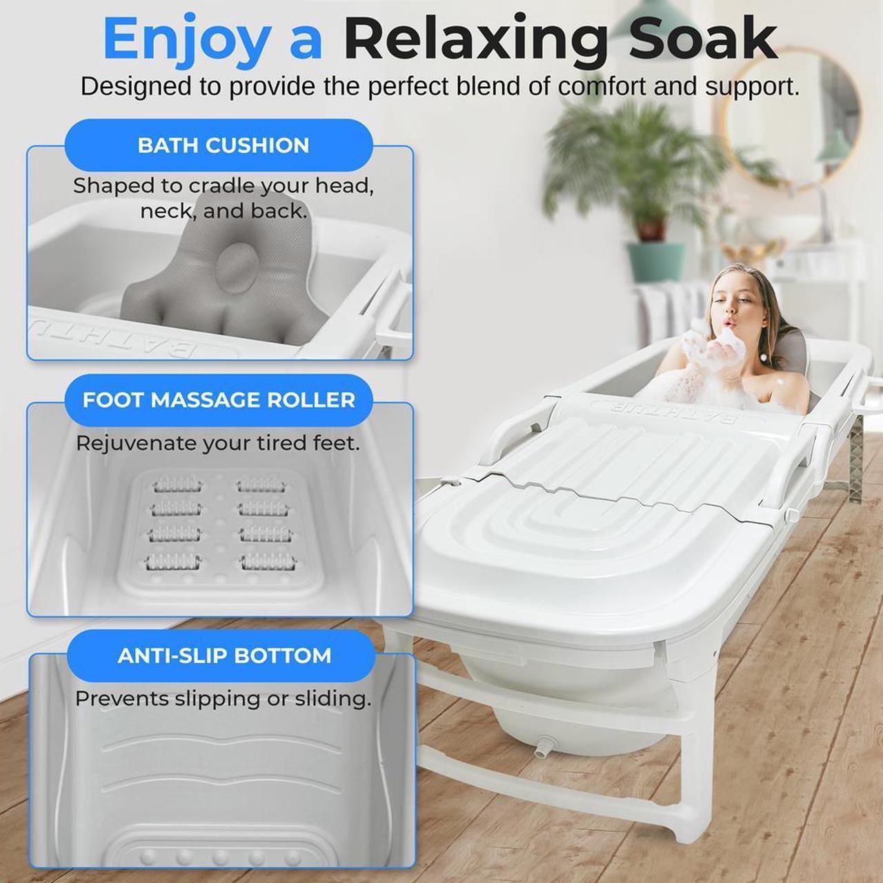 Alt view image 2 of 7 - SereneLife 1.5M Foldable Bathtub Set  Includes Lid, Tray, Bag, Drainage Pipe, Bath Cushion & White Spray for Indoor/Outdoor Use (White)