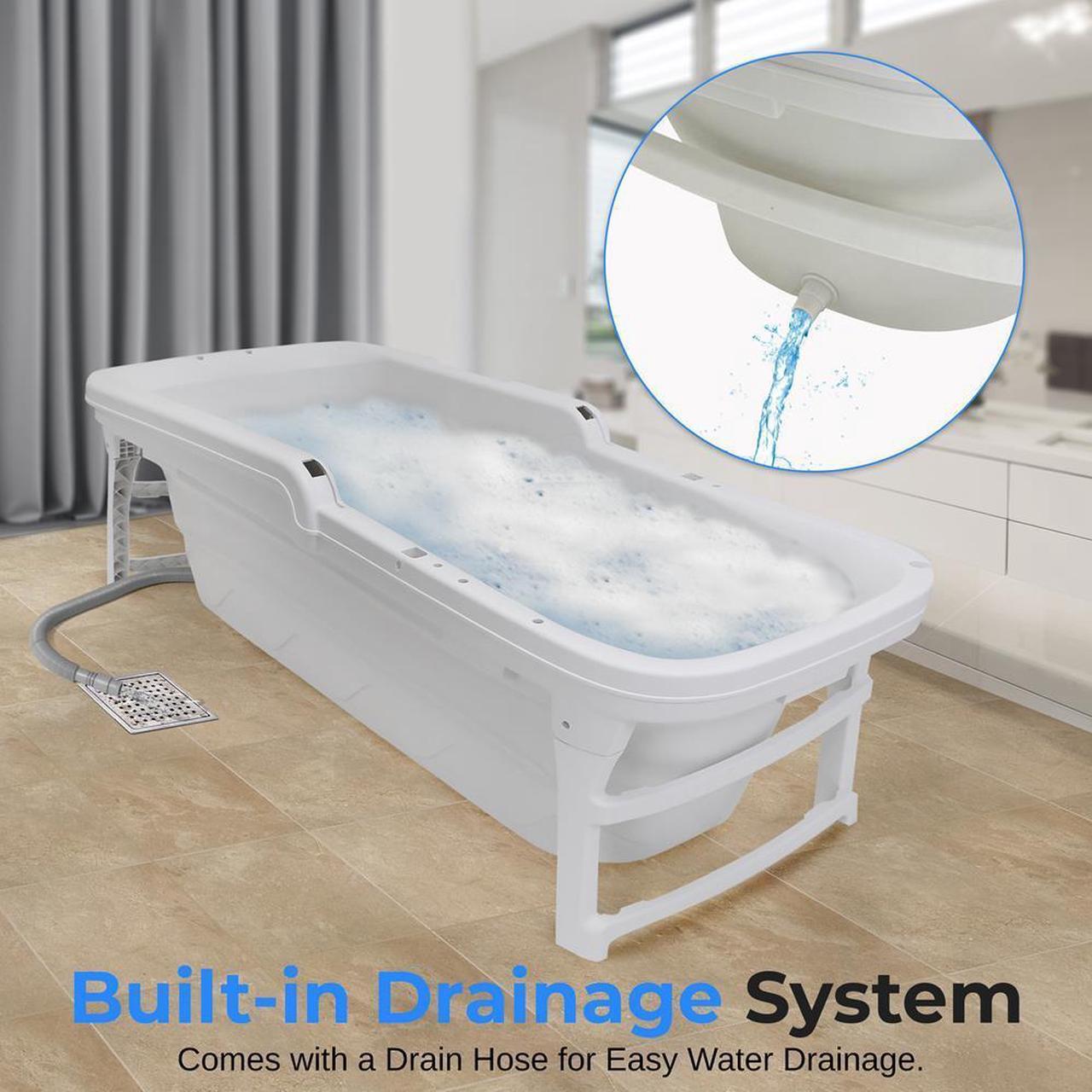 Alt view image 3 of 7 - SereneLife 1.5M Foldable Bathtub Set  Includes Lid, Tray, Bag, Drainage Pipe, Bath Cushion & White Spray for Indoor/Outdoor Use (White)
