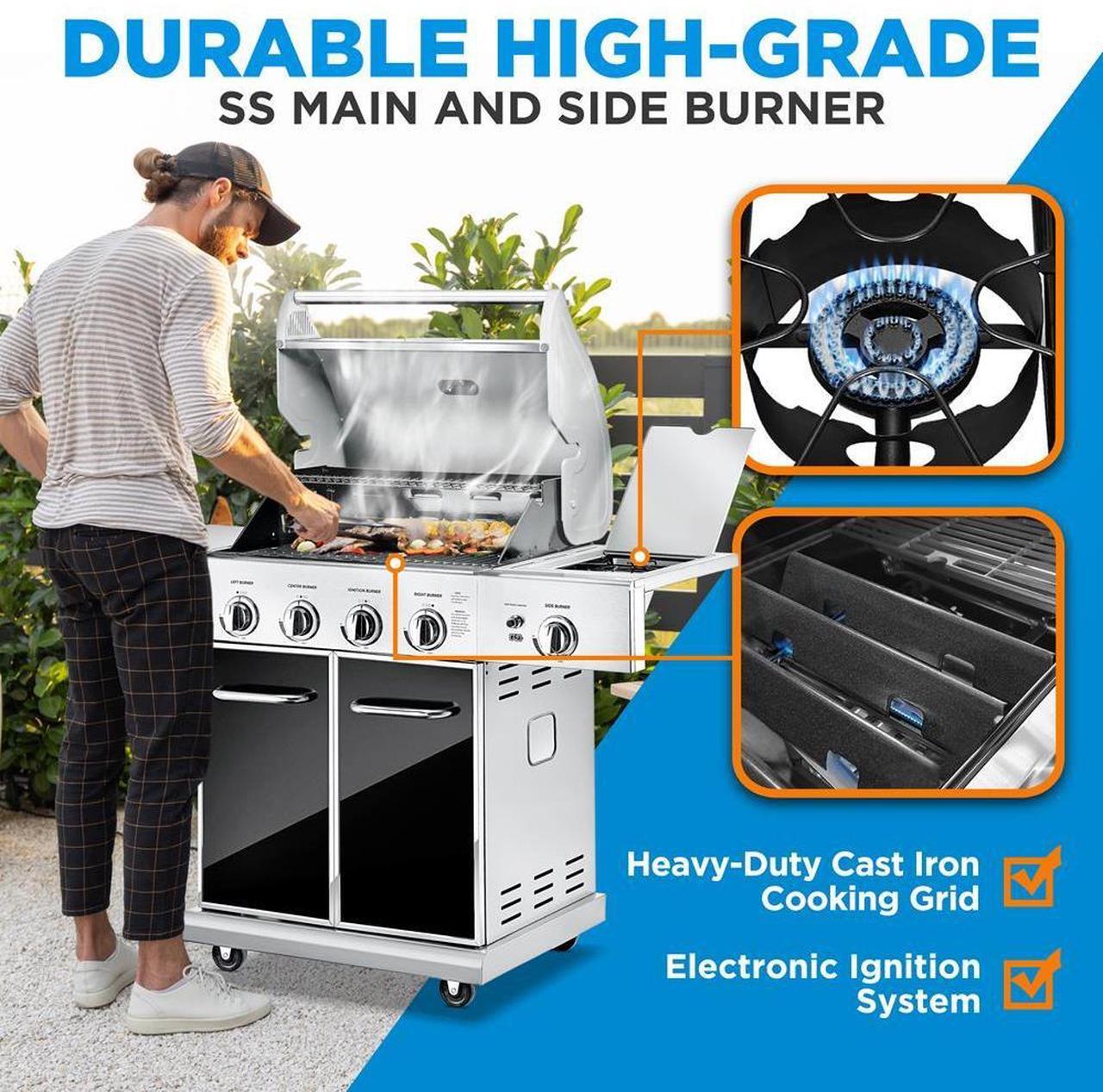 Alt view image 3 of 7 - NutriChef 5-Burner Propane Gas Grill with Side Burner, 52,000 BTU Grilling Capacity - NCGRIL2