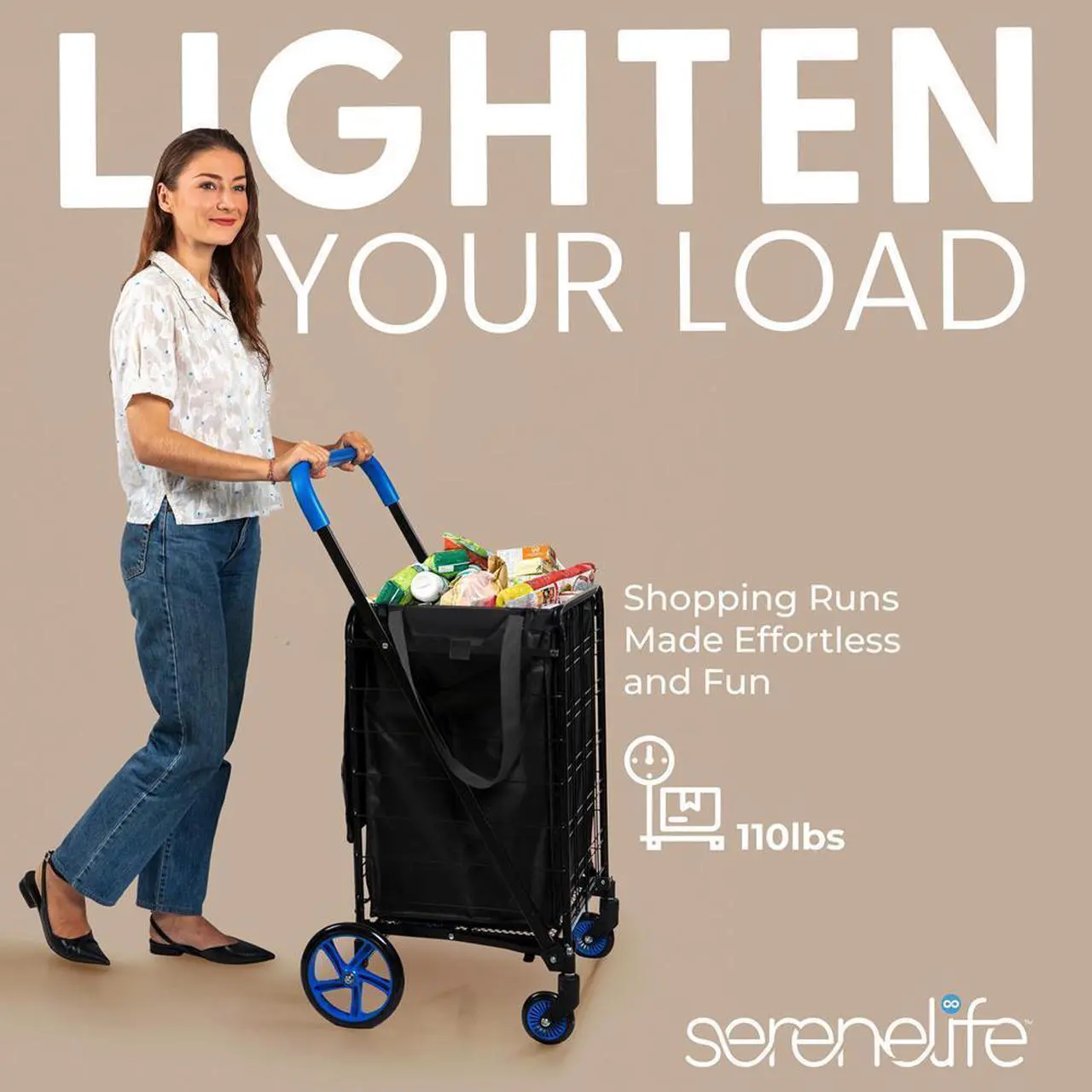 Alt view image 6 of 7 - SereneLife Foldable Shopping Cart with Cart Liner, 360° Rolling Swivel Wheels, 110 lbs. Weight Capacity - SLSPCART50