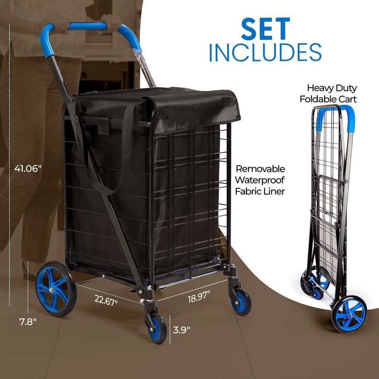 Alt view image 3 of 7 - SereneLife Foldable Shopping Cart with Cart Liner, 360° Rolling Swivel Wheels, 110 lbs. Weight Capacity - SLSPCART50