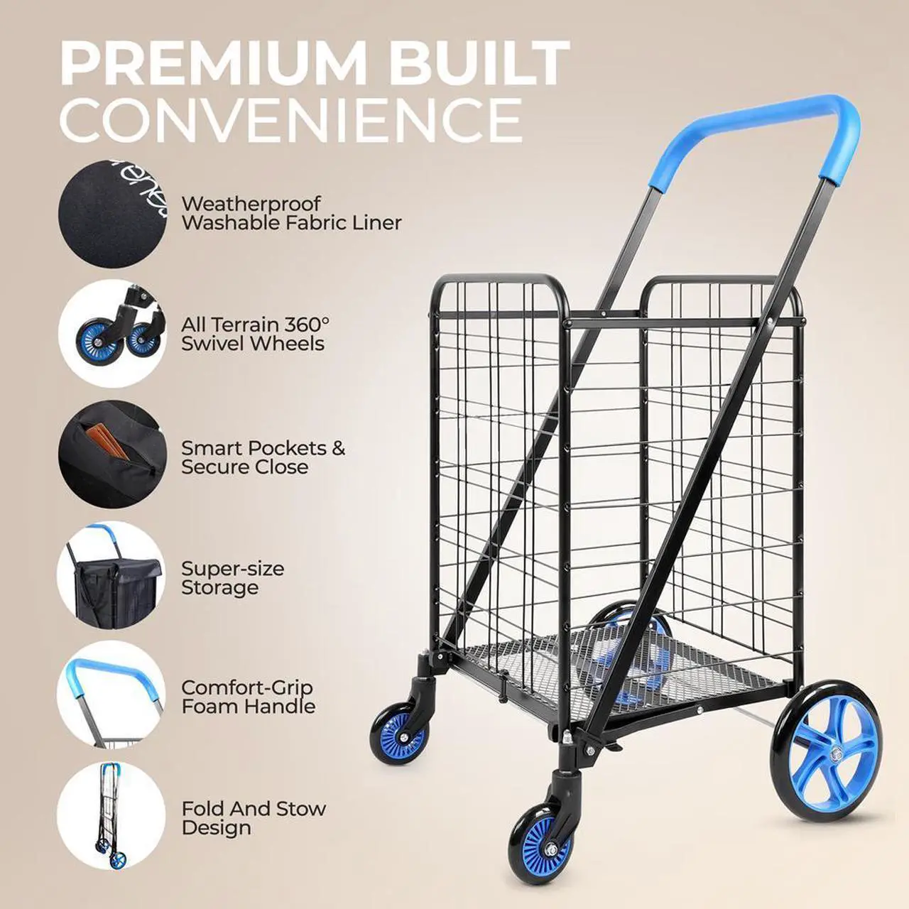 Alt view image 5 of 7 - SereneLife Foldable Shopping Cart with Cart Liner, 360° Rolling Swivel Wheels, 110 lbs. Weight Capacity - SLSPCART50