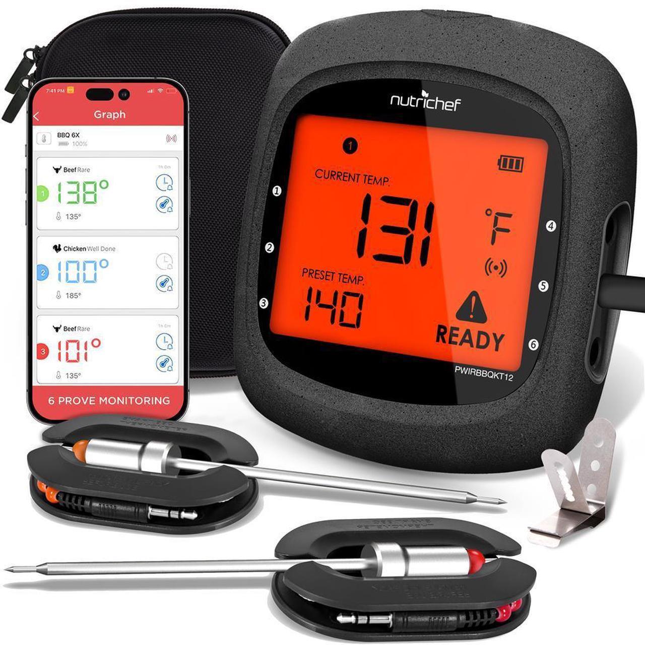Main image of NutriChef Bluetooth Wireless BBQ Digital Thermometer, Includes 2 Temperature Probes and Travel Case, Digital LCD Display Screen - PWIRBBQKT12