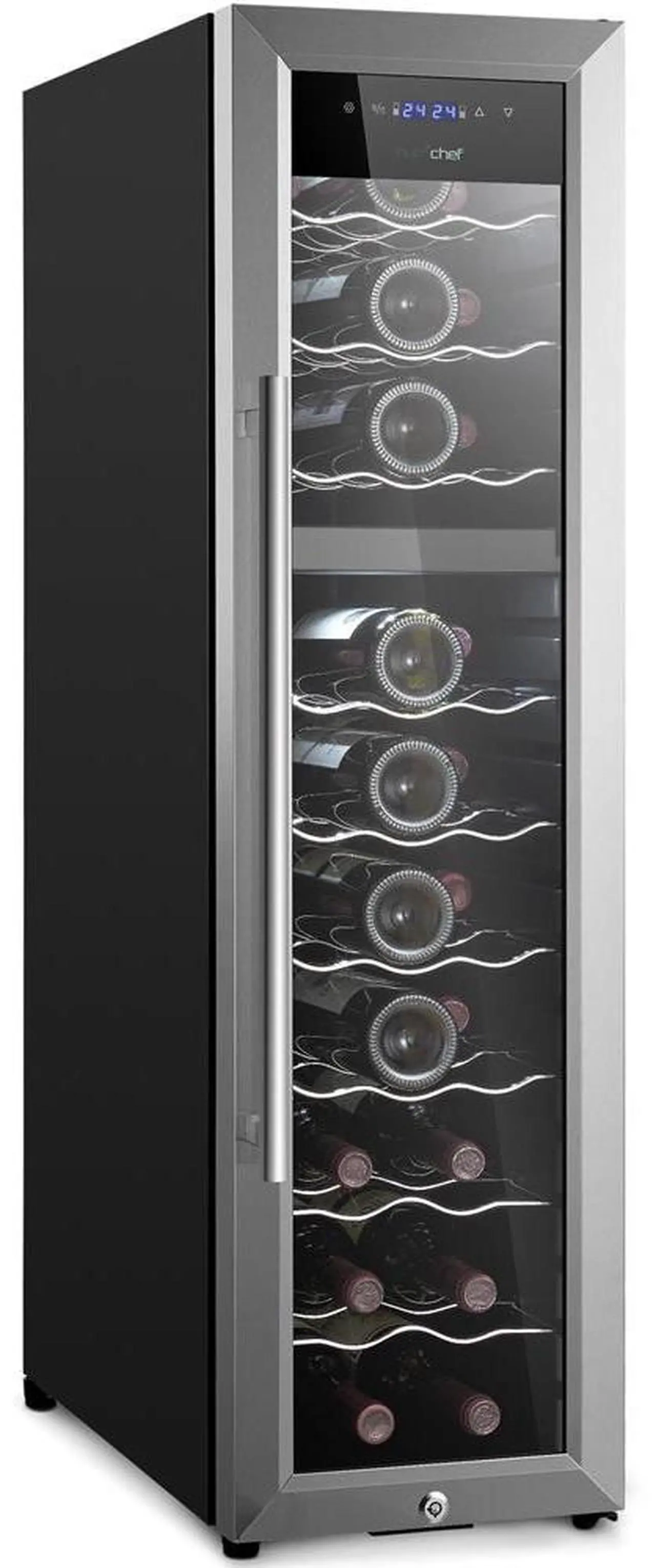 Main image of NutriChef Wine Chilling Refrigerator Cellar, 27-Bottle Capacity, Dual-Zone Wine Cooler, Digital Touch Control, Stainless Steel Frame - PKCWCDS278