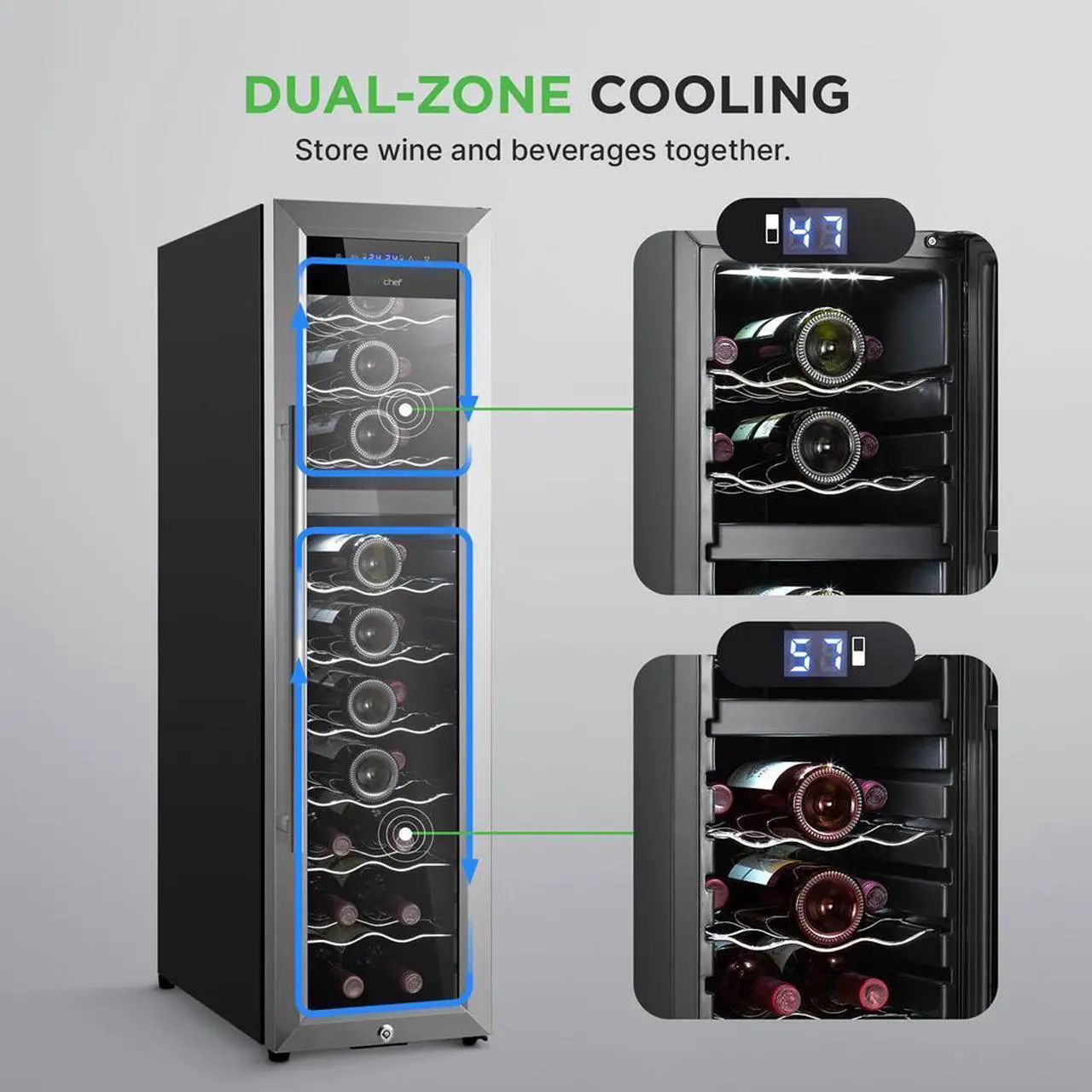 Alt view image 2 of 7 - NutriChef Wine Chilling Refrigerator Cellar, 27-Bottle Capacity, Dual-Zone Wine Cooler, Digital Touch Control, Stainless Steel Frame - PKCWCDS278