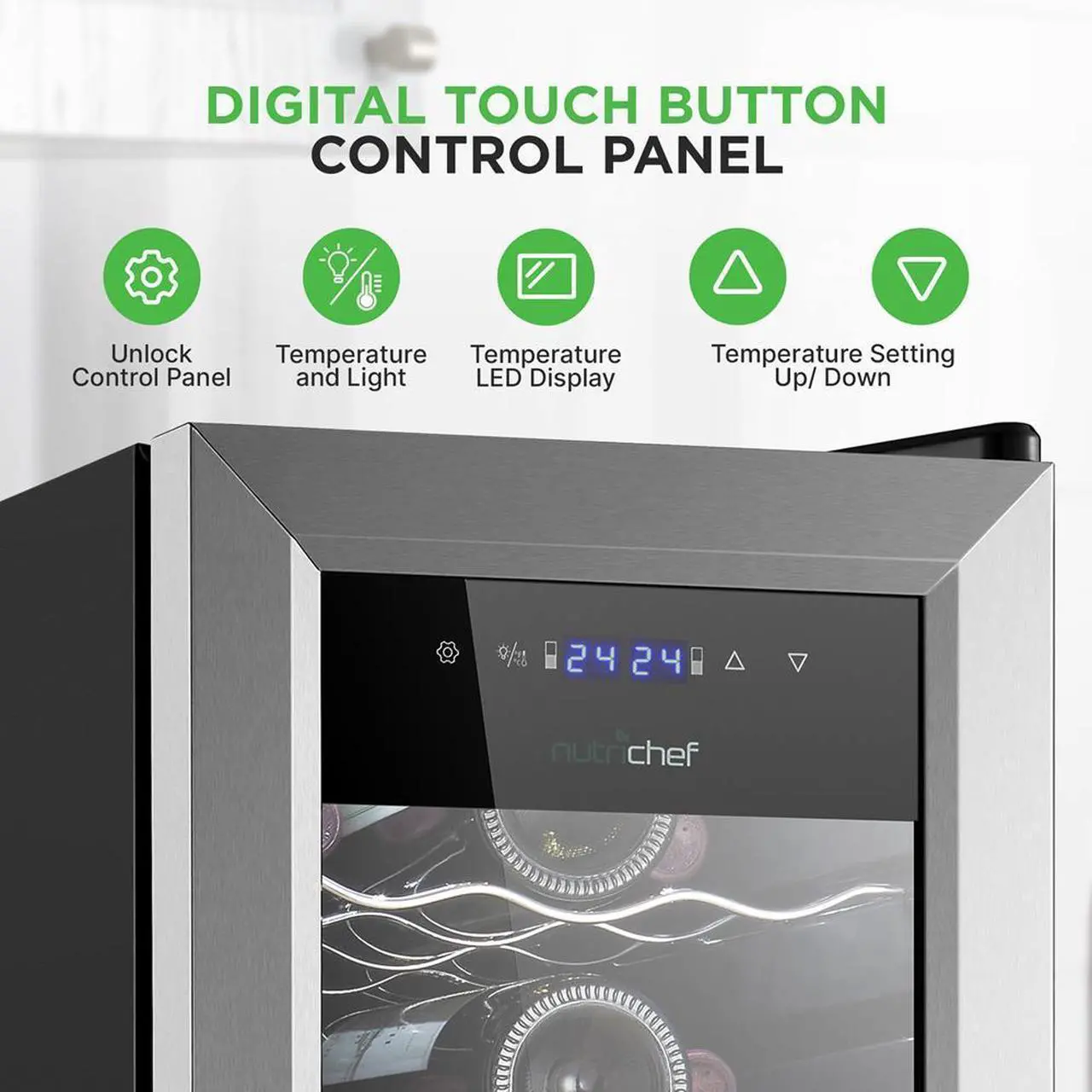 Alt view image 4 of 7 - NutriChef Wine Chilling Refrigerator Cellar, 27-Bottle Capacity, Dual-Zone Wine Cooler, Digital Touch Control, Stainless Steel Frame - PKCWCDS278