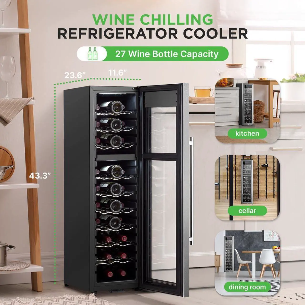 Alt view image 7 of 7 - NutriChef Wine Chilling Refrigerator Cellar, 27-Bottle Capacity, Dual-Zone Wine Cooler, Digital Touch Control, Stainless Steel Frame - PKCWCDS278