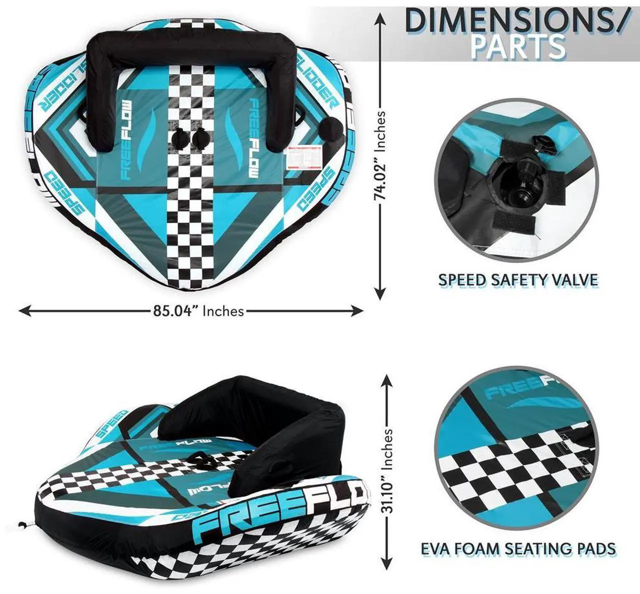 Alt view image 4 of 6 - SereneLife Inflatable Towable Tube for Boating, Heavy-Duty Booster Tube, 2 Rider Capacity, PVC Air Chamber, EVA Foam Seating Pads - SLTOWBL20