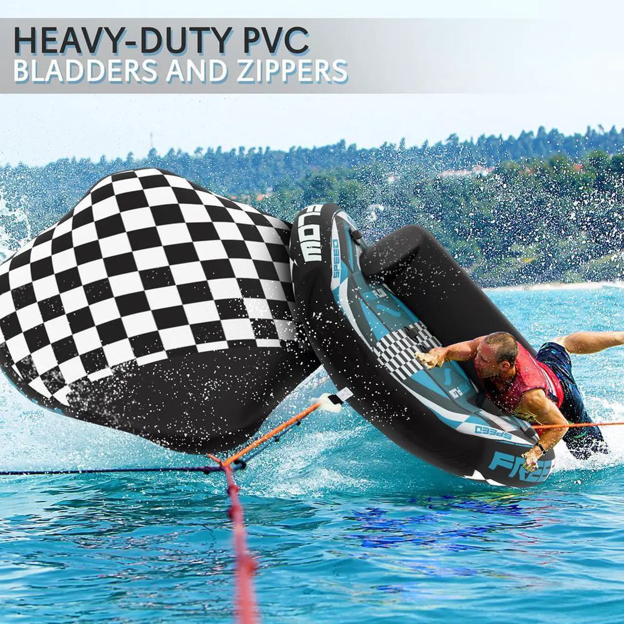 Alt view image 3 of 6 - SereneLife Inflatable Towable Tube for Boating, Heavy-Duty Booster Tube, 2 Rider Capacity, PVC Air Chamber, EVA Foam Seating Pads - SLTOWBL20