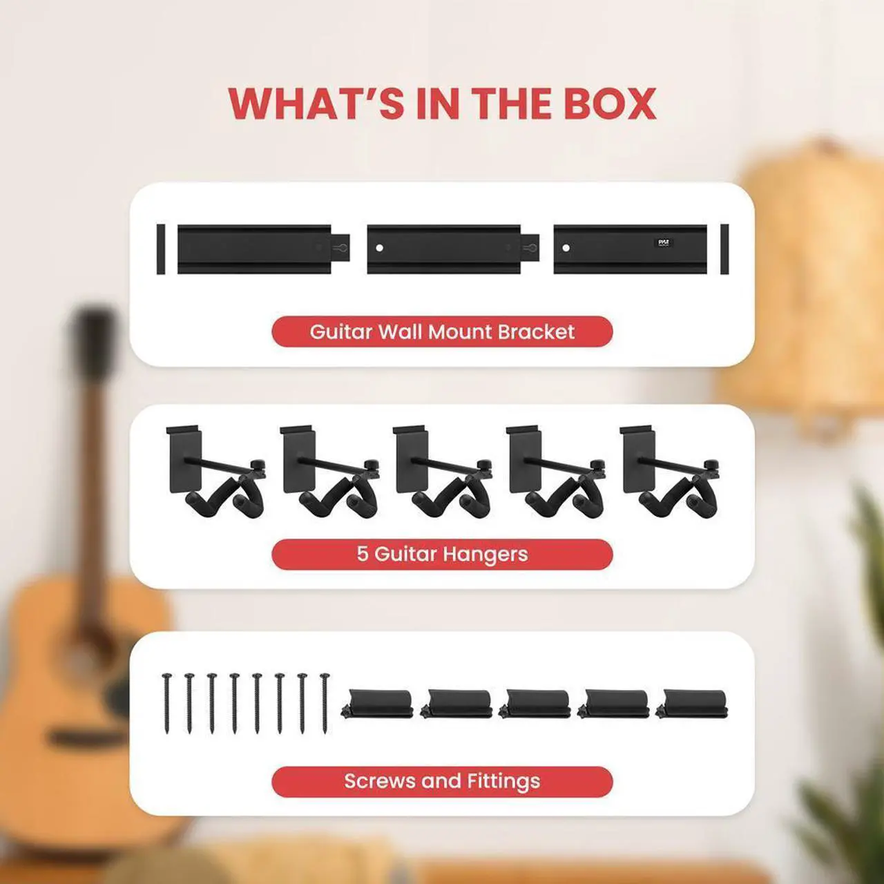Alt view image 4 of 7 - Pyle Guitar Keeper Bundle - 5 Adjustable Guitar Hangers and Guitar Wall Mount Bracket Holders for Acoustic and Electric Guitars