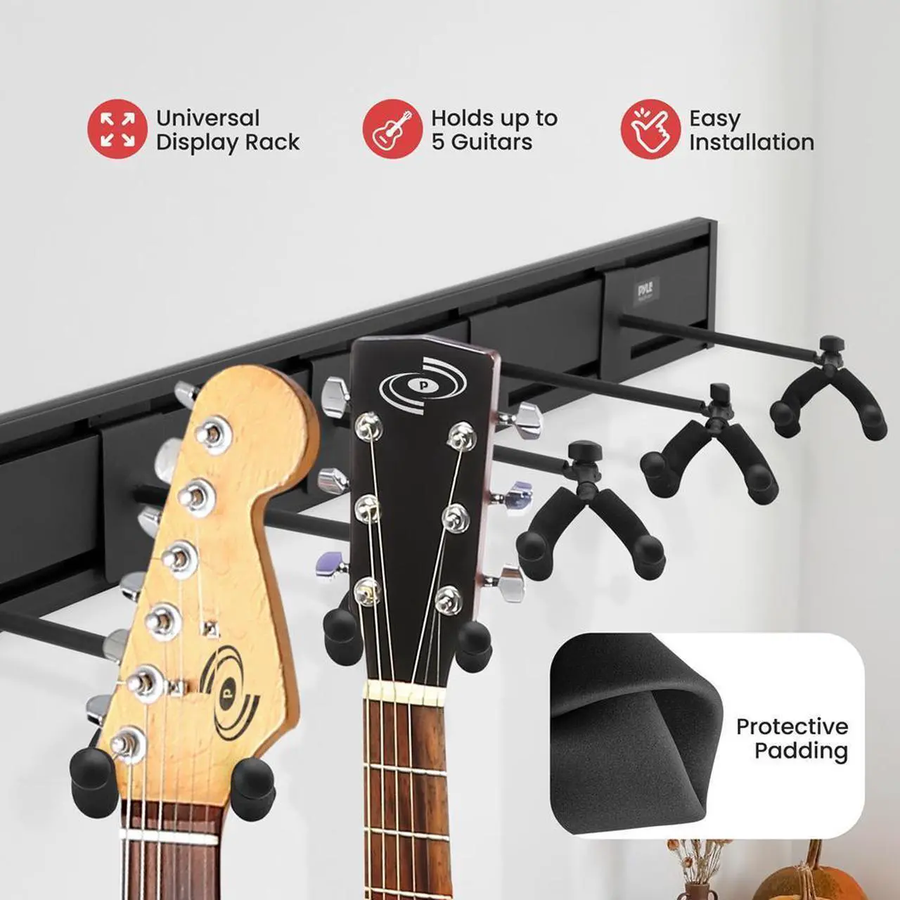 Alt view image 6 of 7 - Pyle Guitar Keeper Bundle - 5 Adjustable Guitar Hangers and Guitar Wall Mount Bracket Holders for Acoustic and Electric Guitars