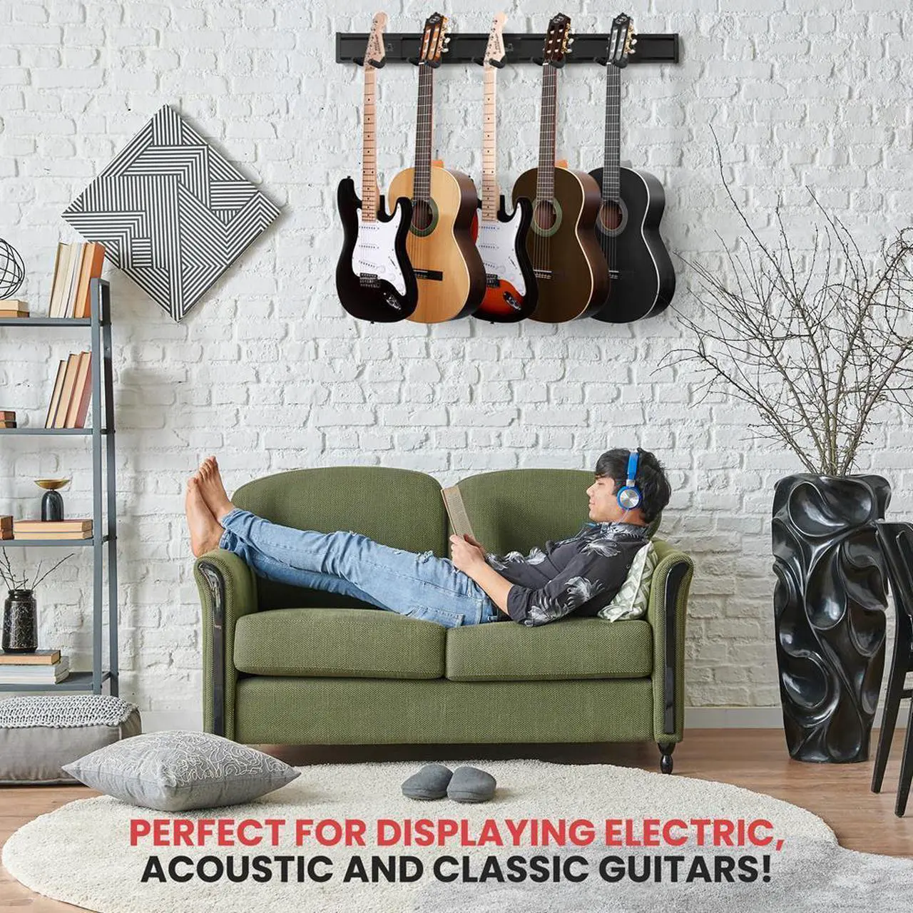 Alt view image 3 of 7 - Pyle Guitar Keeper Bundle - 5 Adjustable Guitar Hangers and Guitar Wall Mount Bracket Holders for Acoustic and Electric Guitars