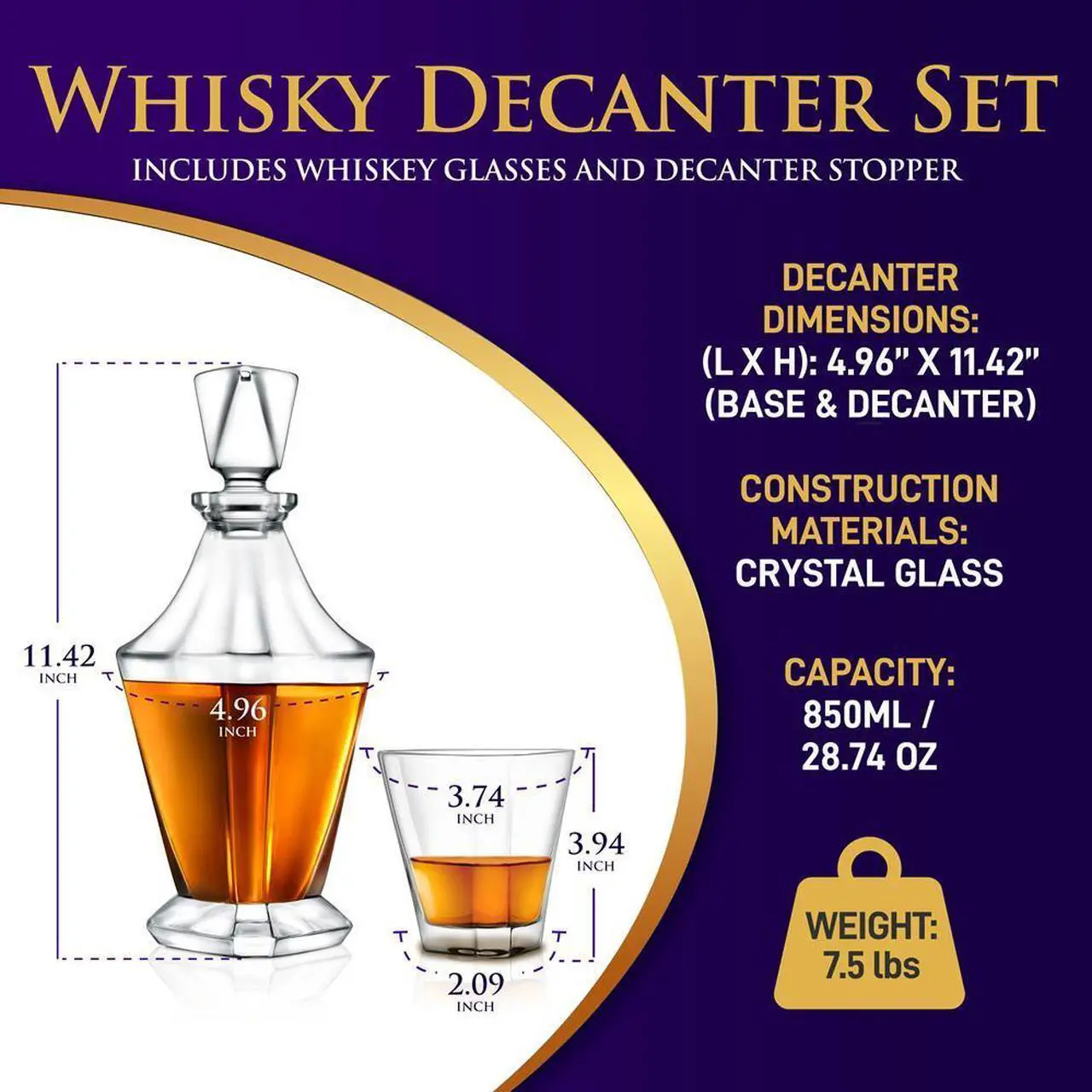 Alt view image 3 of 6 - NutriChef 5-Piece Whiskey Decanter Set with 4 Glasses - NCGD4C423 - 28.74oz Classic Crystal Decanter