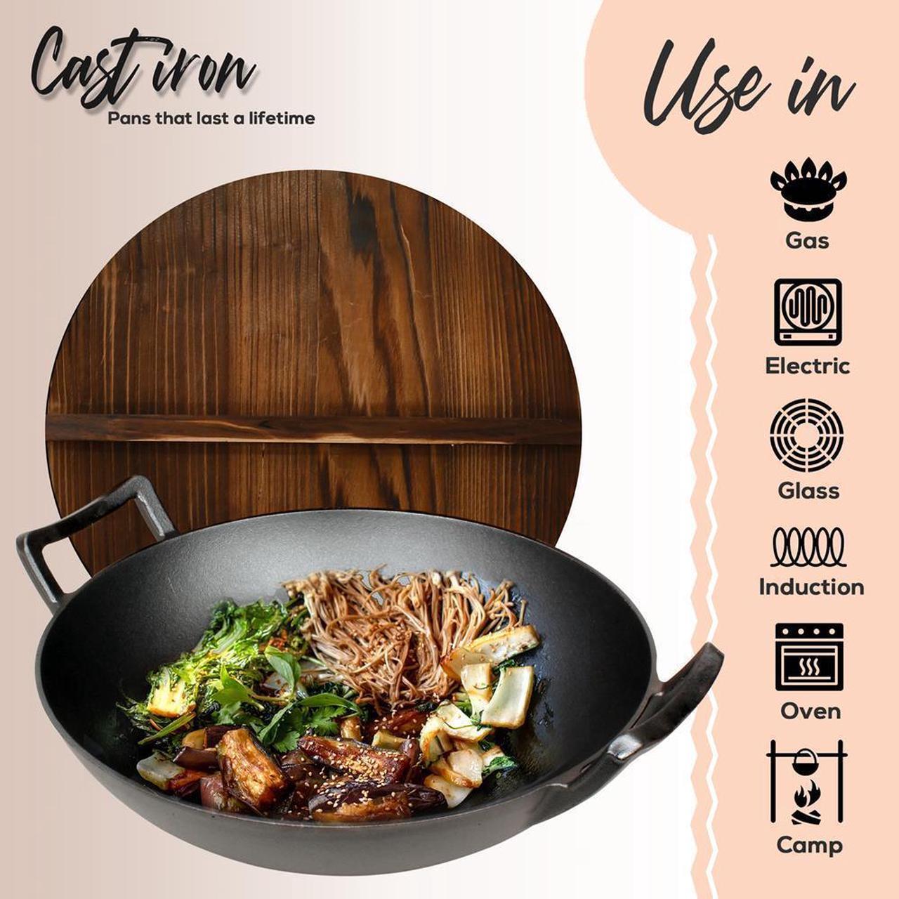 Alt view image 7 of 7 - NutriChef Cast Iron Wok - 5.8+ Quart Pre-Seasoned Stir Fry Wok with Wooden Lid & Silicone Mitt - NCCIWOK60