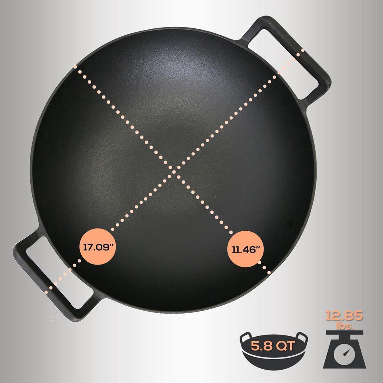 Alt view image 3 of 7 - NutriChef Cast Iron Wok - 5.8+ Quart Pre-Seasoned Stir Fry Wok with Wooden Lid & Silicone Mitt - NCCIWOK60