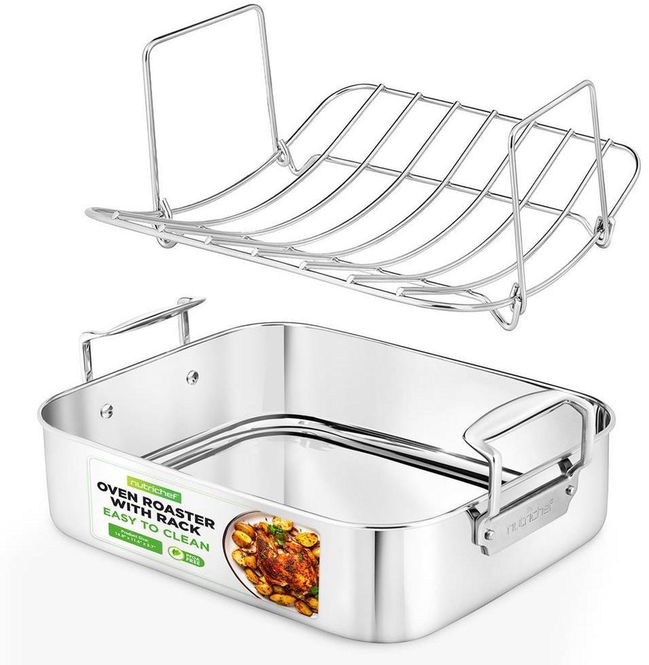 Main image of NutriChef 14" Roasting Pan with Polished Rack & Cast Handle - PFOA-Free, Oven & Dishwasher Safe, up to 450°F - NCTURKSS78