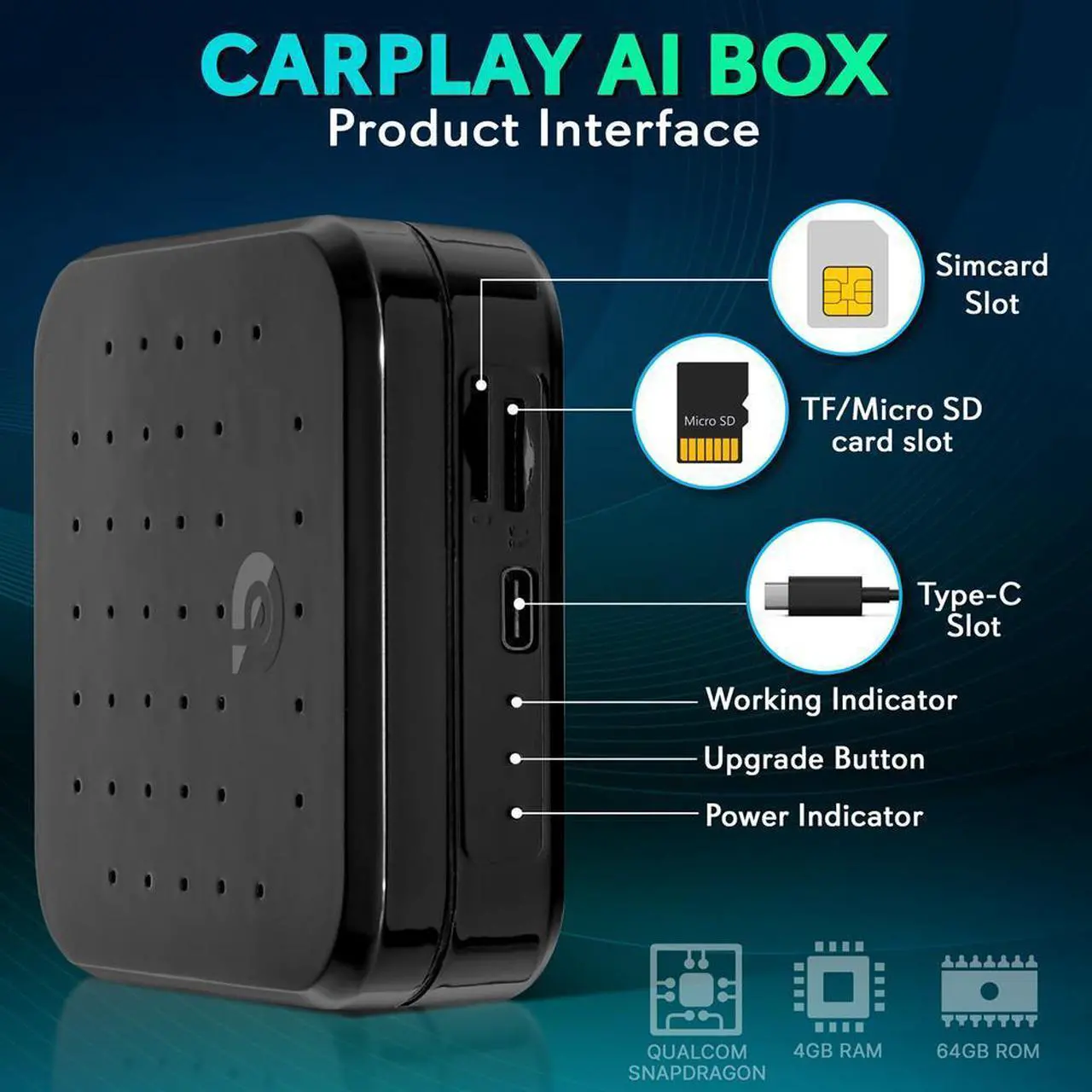 Alt view image 4 of 7 - Pyle Wireless Carplay & Android System iA Box - 4GB RAM, 64GB ROM, Dual-Band WiFi, 4K Full HD, Screen Mirroring, Android App Support - PAS22BK