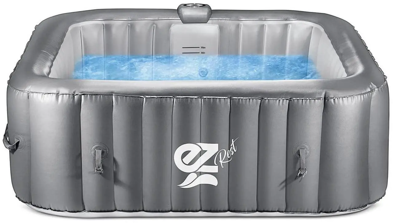 Main image of SereneLife Outdoor Portable Hot Tub - 57'' x 57'' x 25'' 4-Person Square Inflatable Heated Pool Spa with 100 Bubble Jets, Filter Pump, Cover, LED Lights, and Remote Control