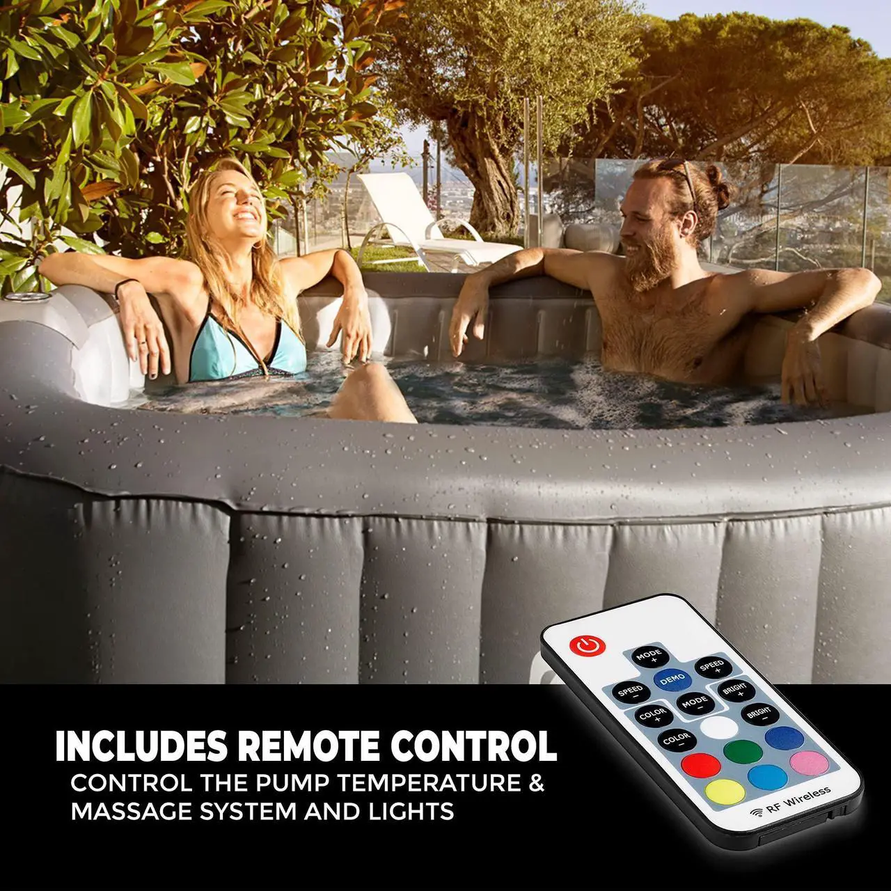 Alt view image 5 of 5 - SereneLife Outdoor Portable Hot Tub - 57'' x 57'' x 25'' 4-Person Square Inflatable Heated Pool Spa with 100 Bubble Jets, Filter Pump, Cover, LED Lights, and Remote Control