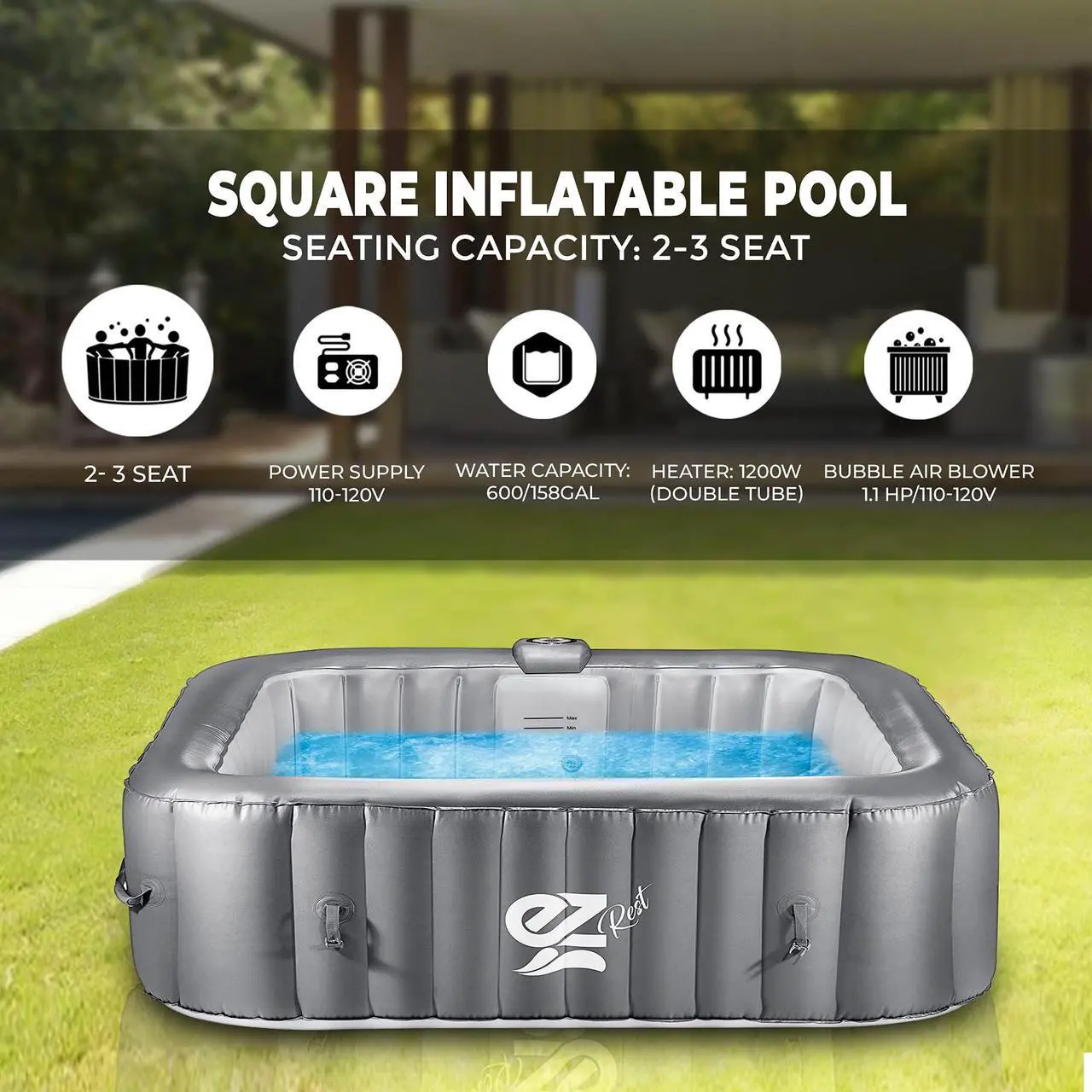 Alt view image 2 of 5 - SereneLife Outdoor Portable Hot Tub - 57'' x 57'' x 25'' 4-Person Square Inflatable Heated Pool Spa with 100 Bubble Jets, Filter Pump, Cover, LED Lights, and Remote Control