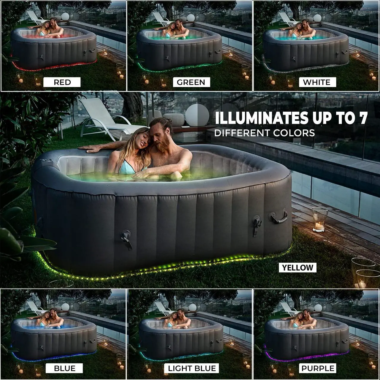 Alt view image 3 of 5 - SereneLife Outdoor Portable Hot Tub - 57'' x 57'' x 25'' 4-Person Square Inflatable Heated Pool Spa with 100 Bubble Jets, Filter Pump, Cover, LED Lights, and Remote Control
