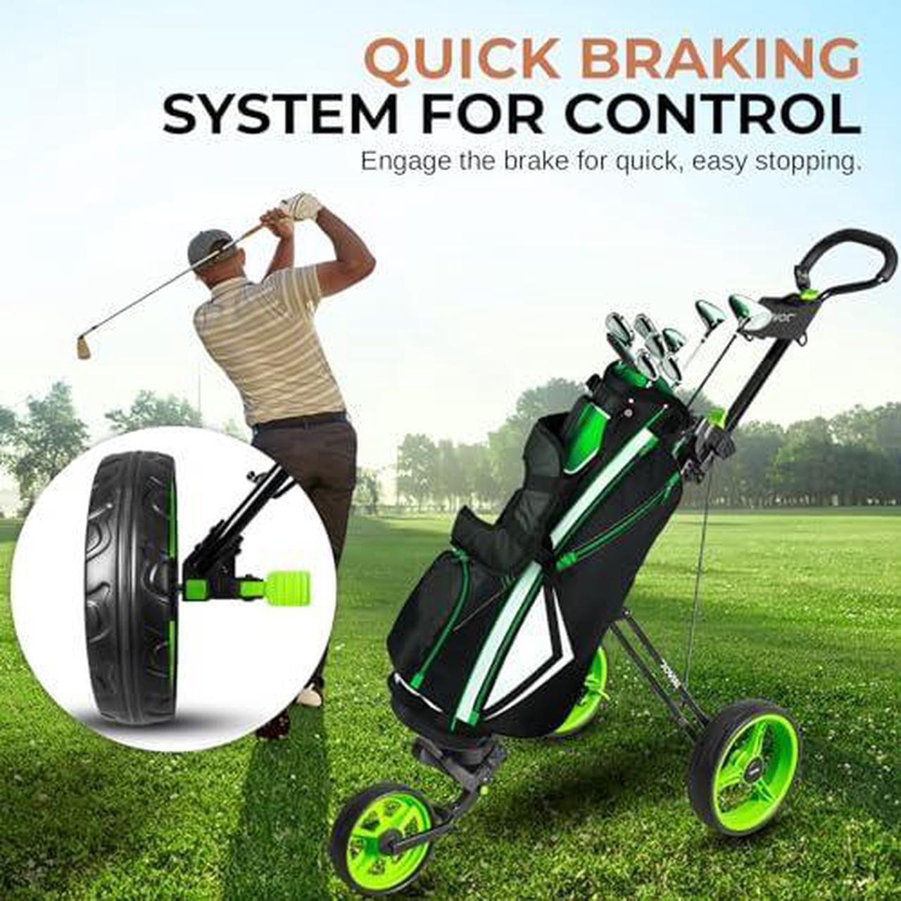 Alt view image 4 of 7 - JOVIAL 3 Wheel Golf Push Cart - Durable Steel Frame, Foot Brake, Deluxe Scorecard Holder, Patented Bag Holder, Ergonomic Adjustable Handle, Compact Folding Design, Extra Space for Gear Storage