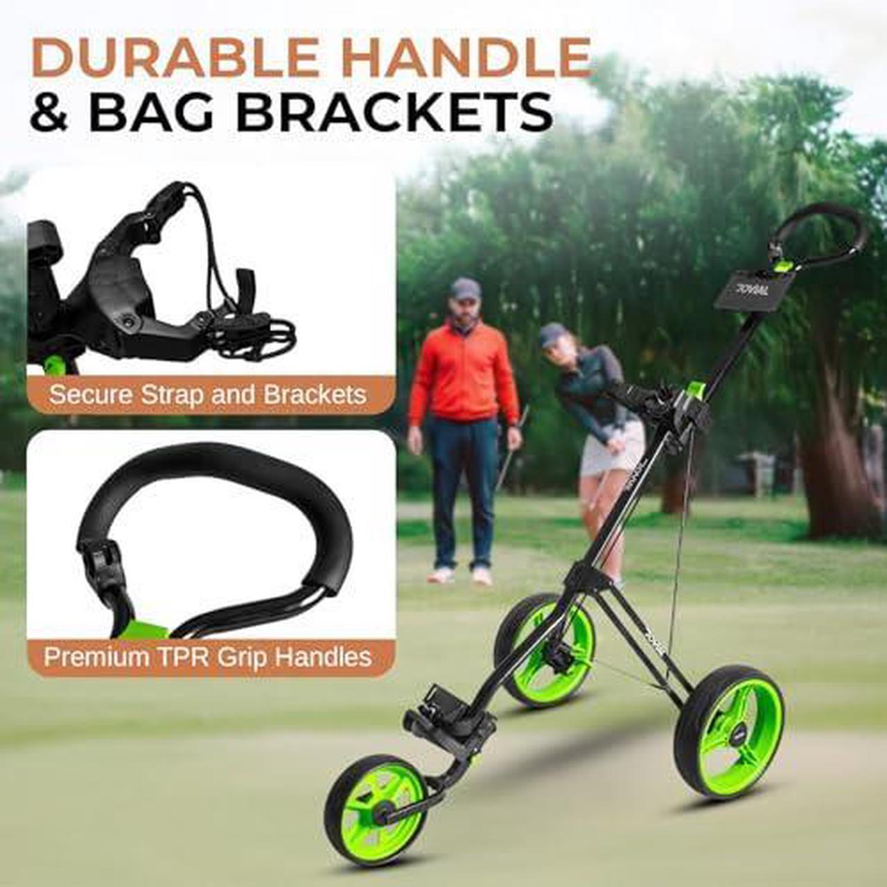 Alt view image 3 of 7 - JOVIAL 3 Wheel Golf Push Cart - Durable Steel Frame, Foot Brake, Deluxe Scorecard Holder, Patented Bag Holder, Ergonomic Adjustable Handle, Compact Folding Design, Extra Space for Gear Storage