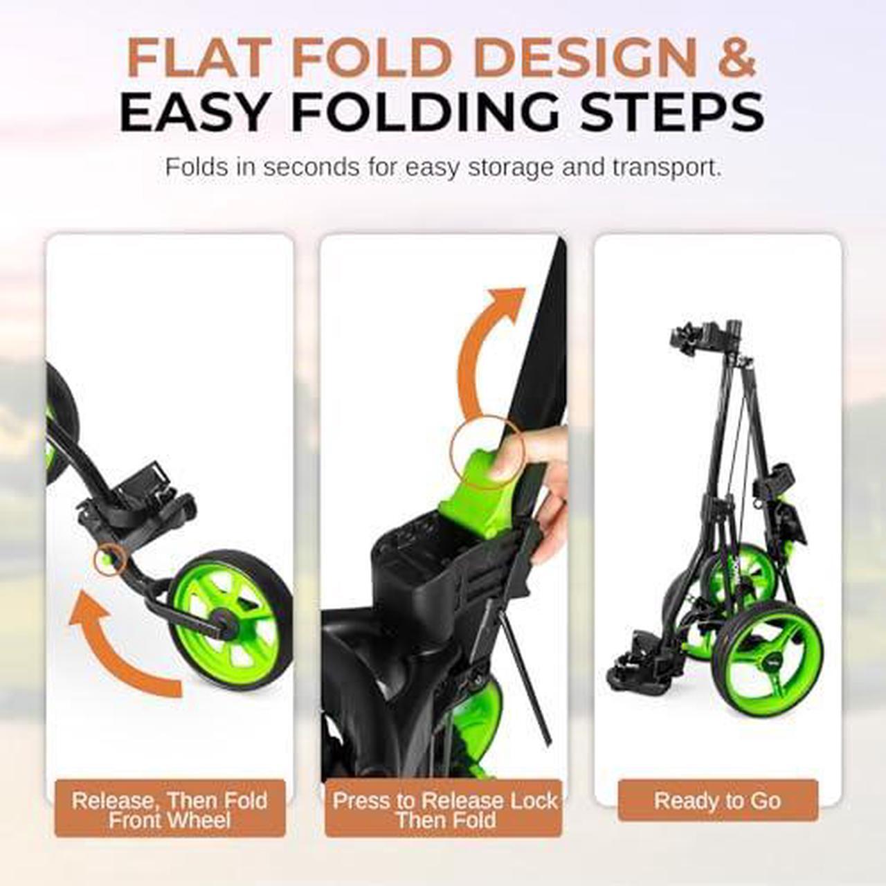 Alt view image 2 of 7 - JOVIAL 3 Wheel Golf Push Cart - Durable Steel Frame, Foot Brake, Deluxe Scorecard Holder, Patented Bag Holder, Ergonomic Adjustable Handle, Compact Folding Design, Extra Space for Gear Storage