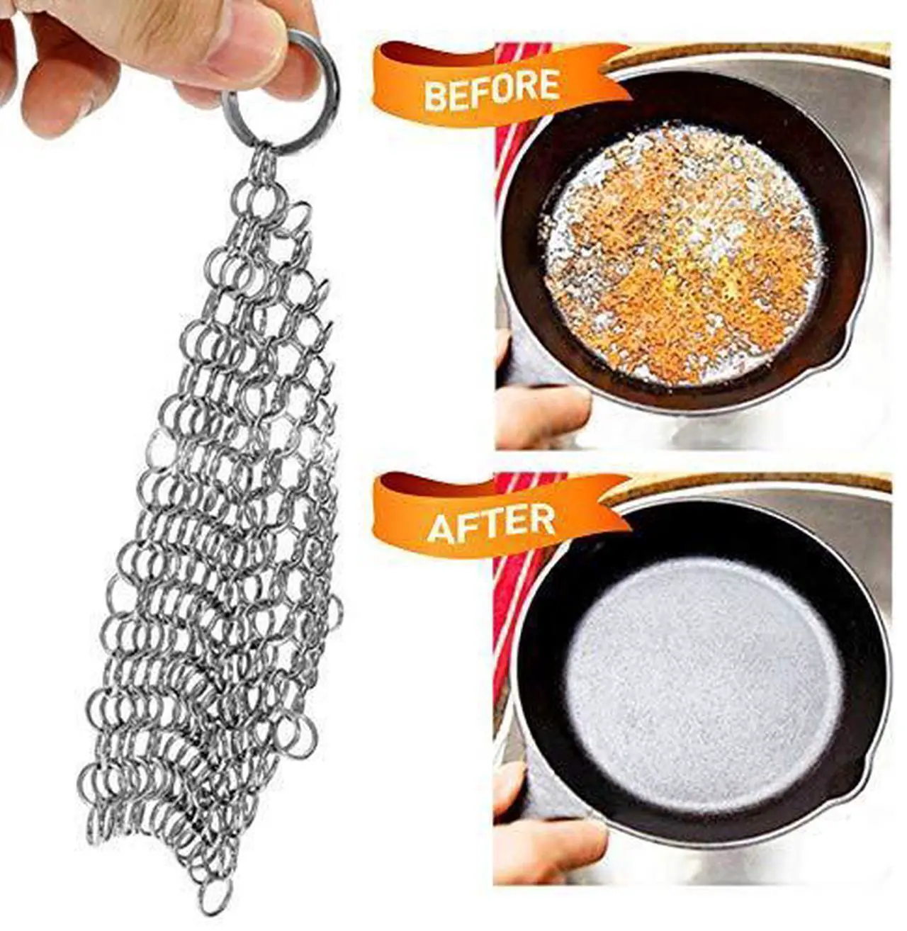 Alt view image 2 of 6 - NutriChef Stainless Steel Cast Iron Cleaner - 3.94"x3.94" Rustproof Dishwasher Safe Chainmail Metal Scraper Cleaning Tool for Preseasoned Pans, Pot, Dutch Oven, Skillet, Wok, Waffle Iron
