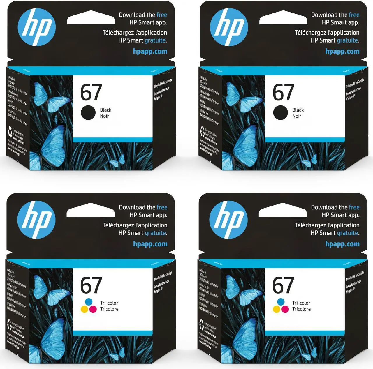 Main image of HP 67 Black, Tri-color Ink Cartridges (4-pack) | Works with DeskJet 1255, 2700, 4100 Series, ENVY 6000, 6400 Series