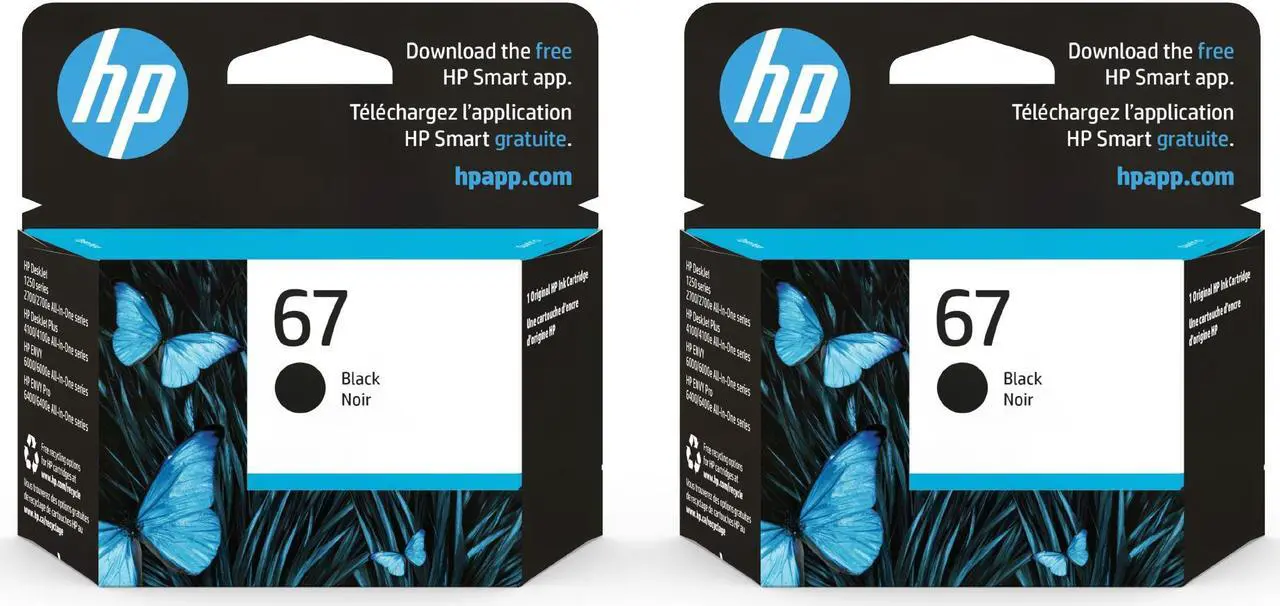 Main image of HP 67 Black Ink Cartridge (2-pack) | Works with DeskJet 1255, 2700, 4100 Series, ENVY 6000, 6400 Series