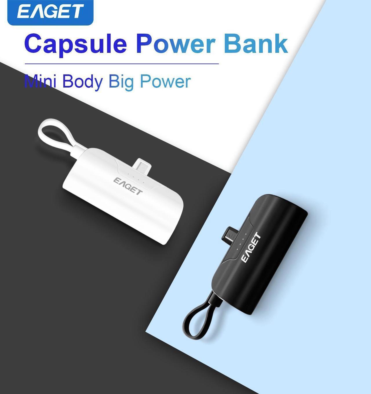 Alt view image 2 of 7 - EAGET EP01 Power Bank with Built-in USB-C Connector, White, 5,000mAh Portable Charger 5V 2.4A, for iPhone 16/15 Series, Samsung, iPad Pro/Air, and More
