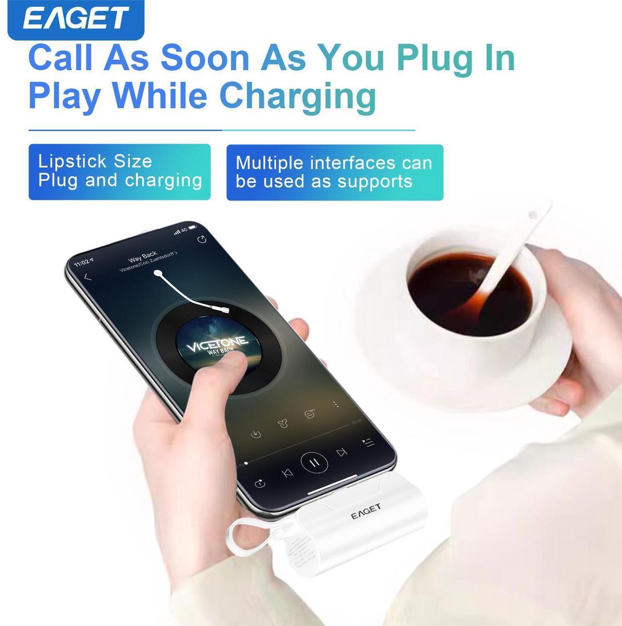 Alt view image 4 of 7 - EAGET EP01 Power Bank with Built-in USB-C Connector, White, 5,000mAh Portable Charger 5V 2.4A, for iPhone 16/15 Series, Samsung, iPad Pro/Air, and More