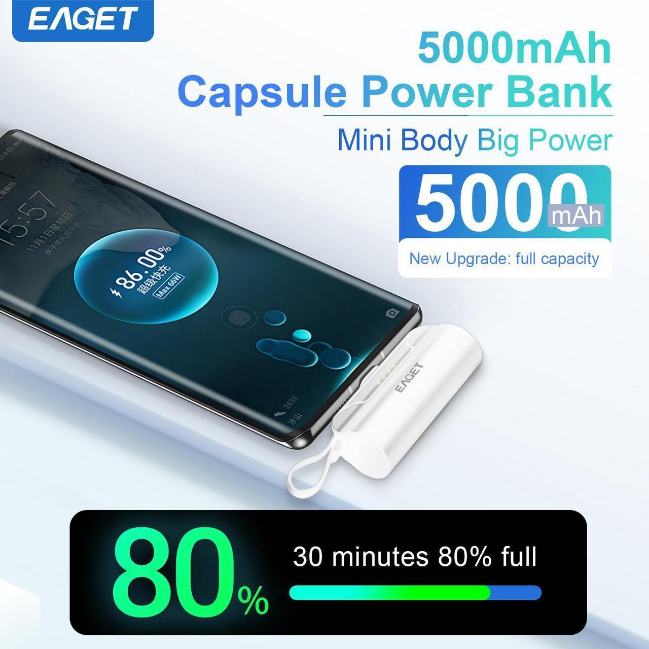 Alt view image 3 of 7 - EAGET EP01 Power Bank with Built-in USB-C Connector, White, 5,000mAh Portable Charger 5V 2.4A, for iPhone 16/15 Series, Samsung, iPad Pro/Air, and More