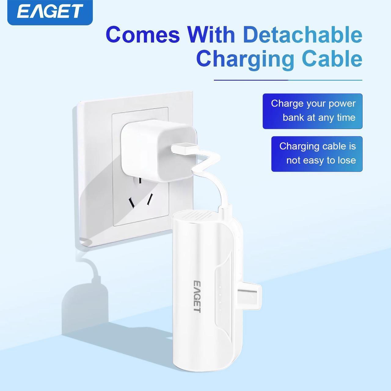 Alt view image 6 of 7 - EAGET EP01 Power Bank with Built-in USB-C Connector, White, 5,000mAh Portable Charger 5V 2.4A, for iPhone 16/15 Series, Samsung, iPad Pro/Air, and More