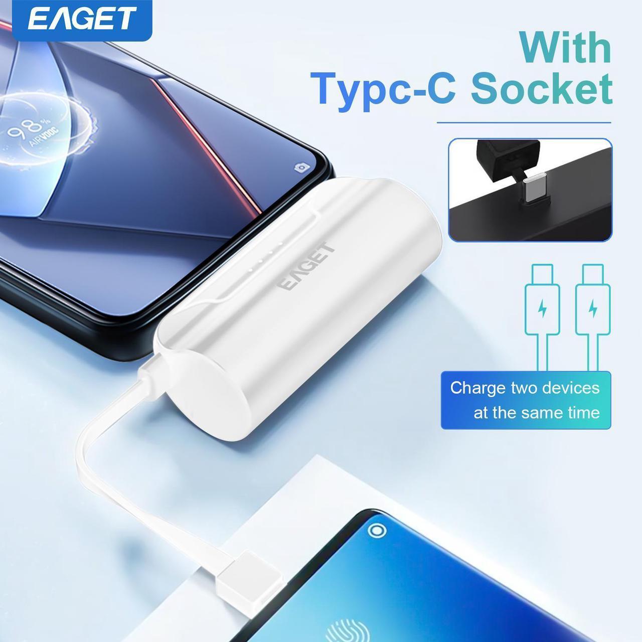 Alt view image 5 of 7 - EAGET EP01 Power Bank with Built-in USB-C Connector, White, 5,000mAh Portable Charger 5V 2.4A, for iPhone 16/15 Series, Samsung, iPad Pro/Air, and More