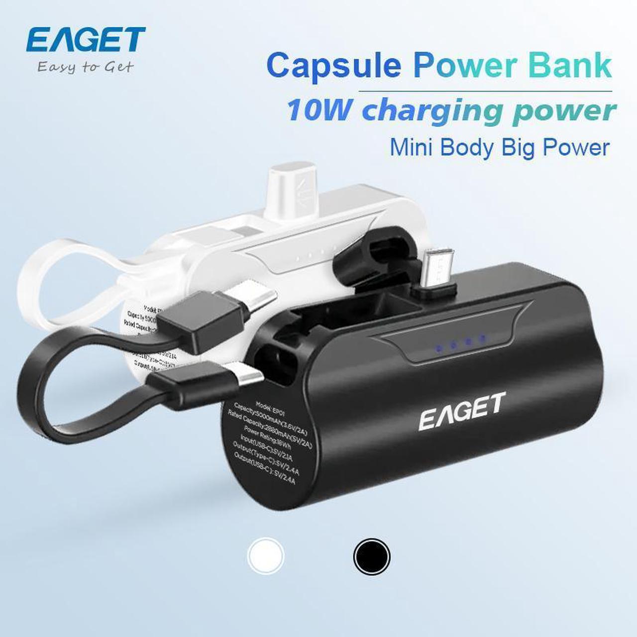 Alt view image 2 of 7 - EAGET EP01 Power Bank with Built-in USB-C Connector, Black, 5,000mAh Portable Charger 5V 2.4A, for iPhone 16/15 Series, Samsung, iPad Pro/Air, and More