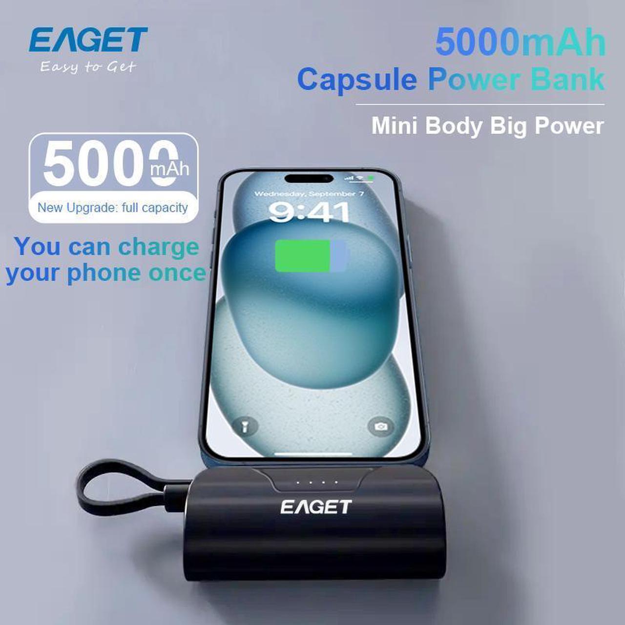 Alt view image 3 of 7 - EAGET EP01 Power Bank with Built-in USB-C Connector, Black, 5,000mAh Portable Charger 5V 2.4A, for iPhone 16/15 Series, Samsung, iPad Pro/Air, and More