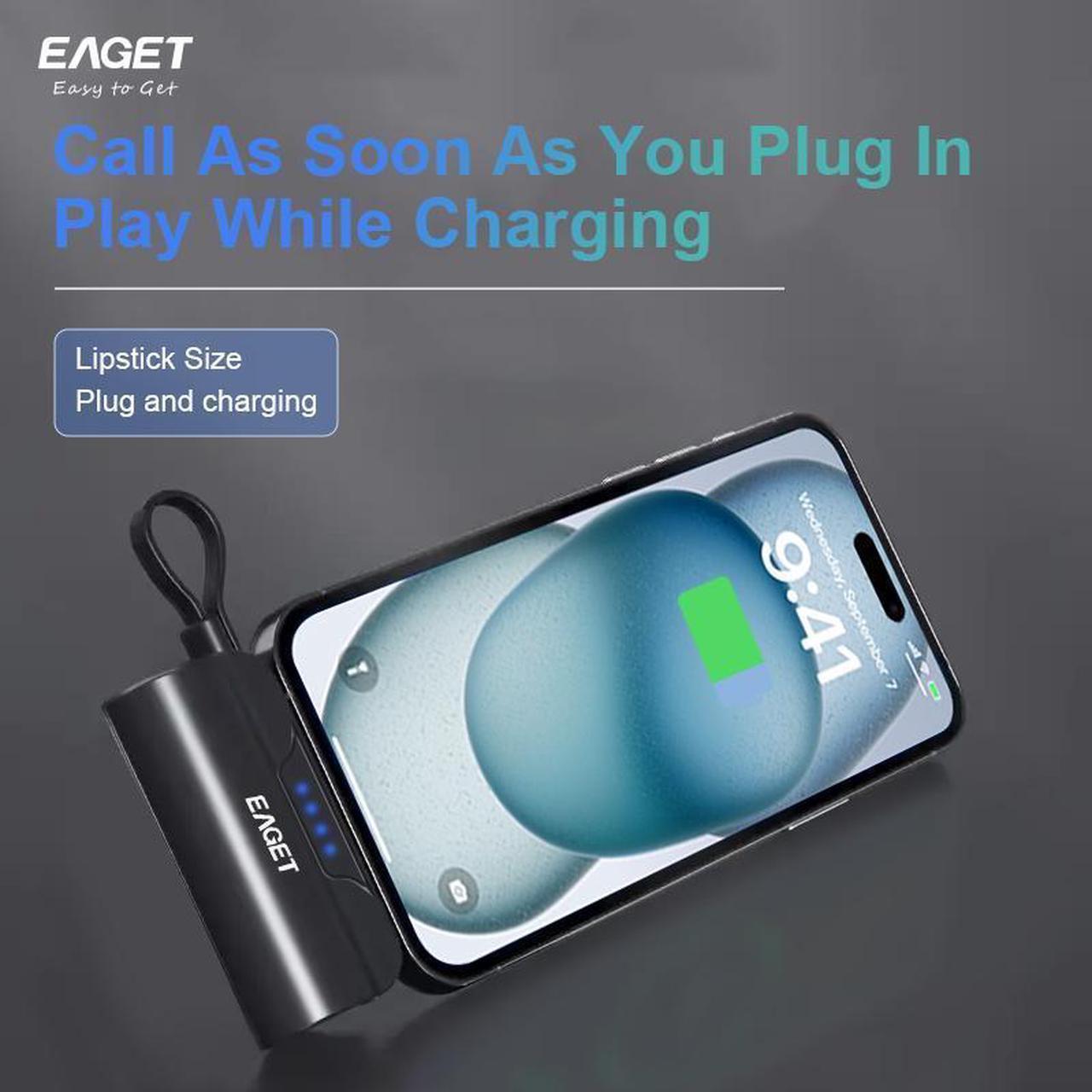 Alt view image 4 of 7 - EAGET EP01 Power Bank with Built-in USB-C Connector, Black, 5,000mAh Portable Charger 5V 2.4A, for iPhone 16/15 Series, Samsung, iPad Pro/Air, and More