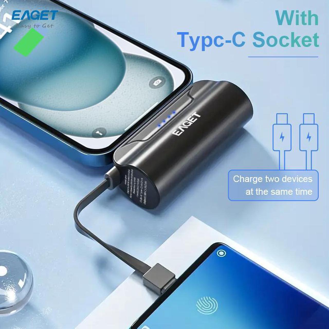Alt view image 6 of 7 - EAGET EP01 Power Bank with Built-in USB-C Connector, Black, 5,000mAh Portable Charger 5V 2.4A, for iPhone 16/15 Series, Samsung, iPad Pro/Air, and More