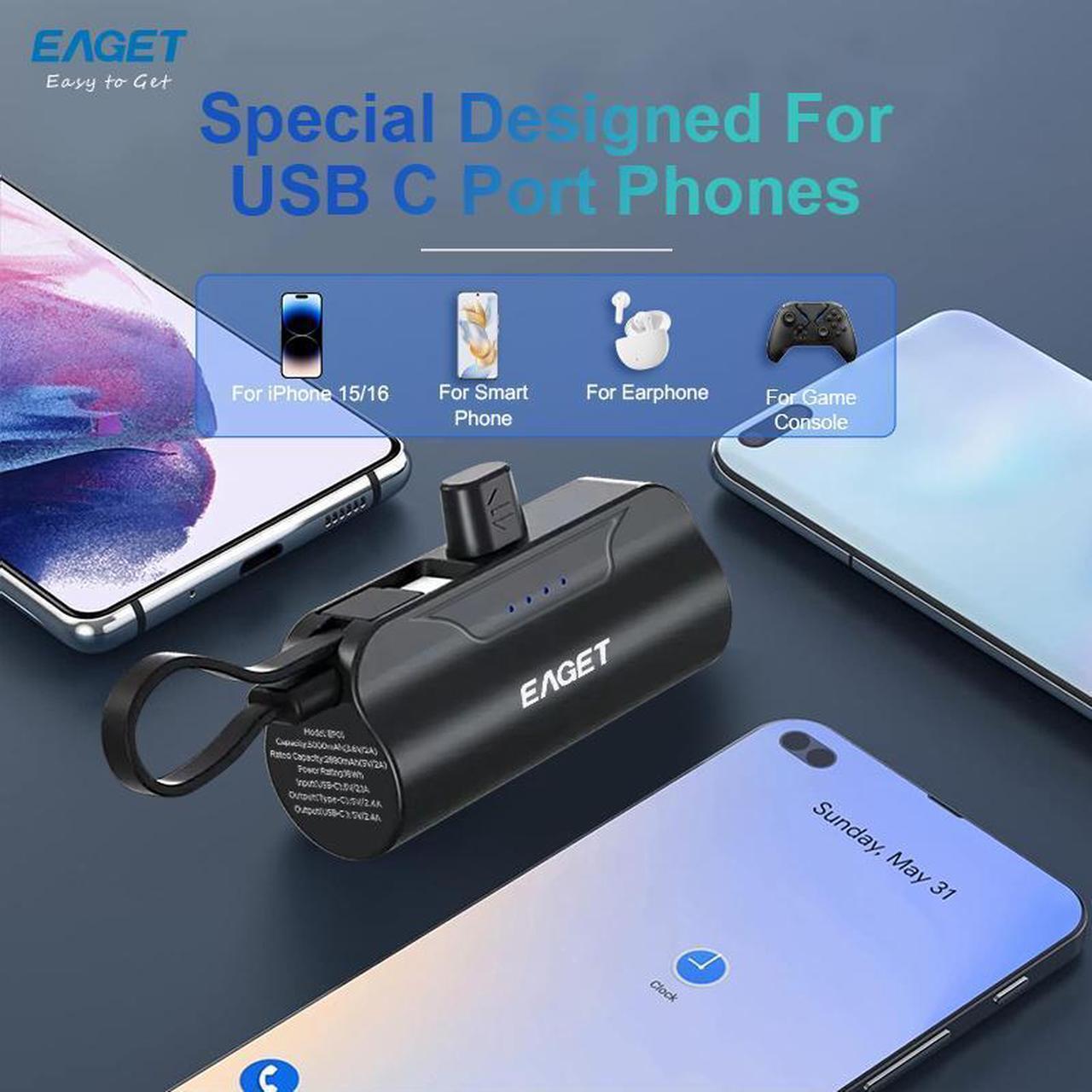 Alt view image 5 of 7 - EAGET EP01 Power Bank with Built-in USB-C Connector, Black, 5,000mAh Portable Charger 5V 2.4A, for iPhone 16/15 Series, Samsung, iPad Pro/Air, and More