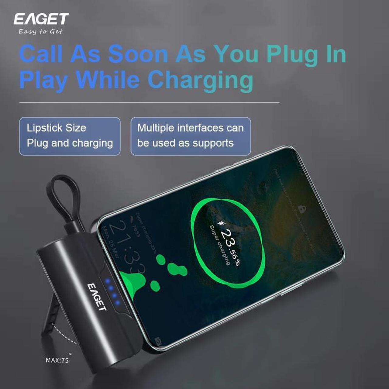 Alt view image 3 of 7 - EAGET EP01R Power Bank with Built-in USB-C Connector, with Stand, Black, 5,000mAh Portable Charger 5V 2.4A, for iPhone 16/15 Series, Samsung, iPad Pro/Air, and More