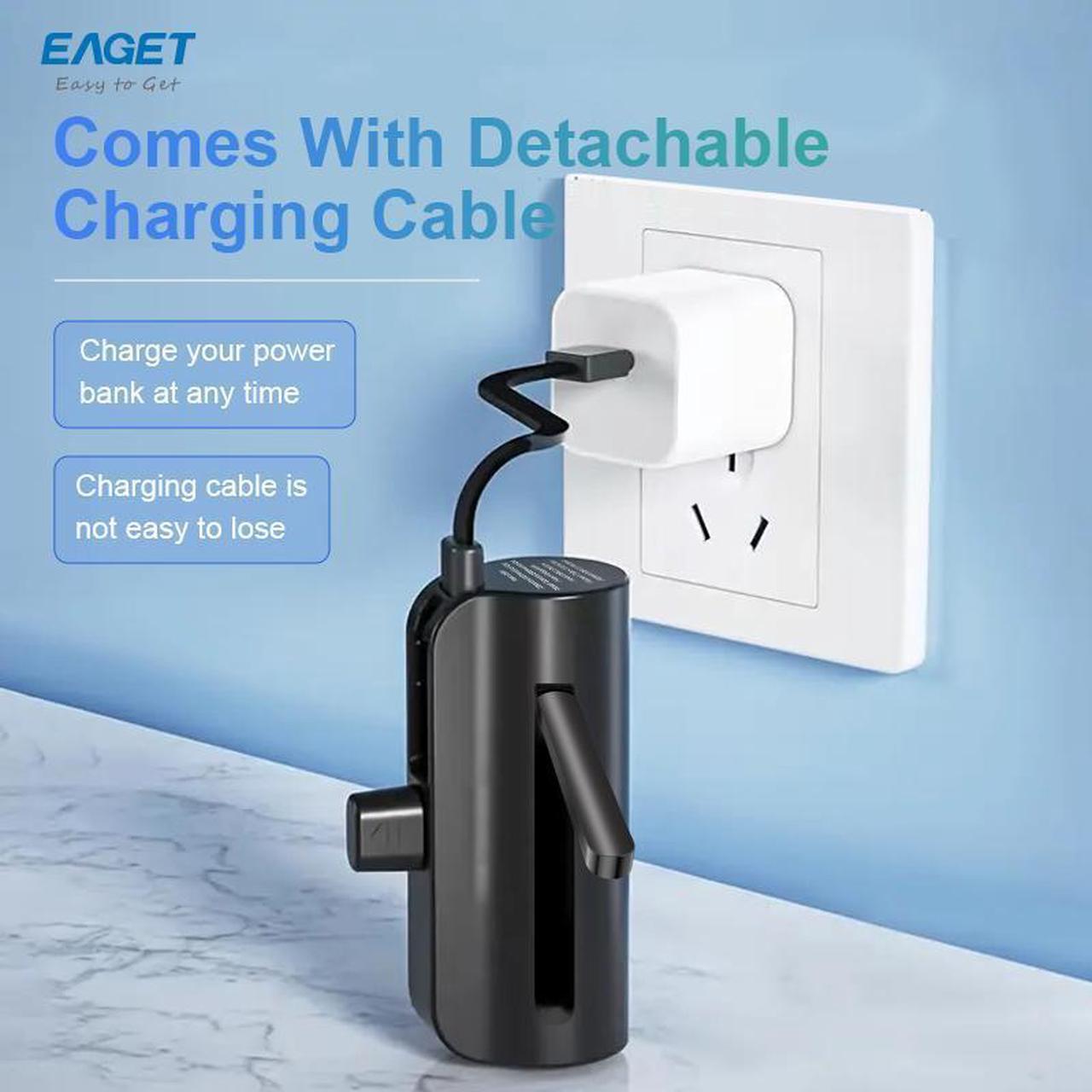 Alt view image 5 of 7 - EAGET EP01R Power Bank with Built-in USB-C Connector, with Stand, Black, 5,000mAh Portable Charger 5V 2.4A, for iPhone 16/15 Series, Samsung, iPad Pro/Air, and More