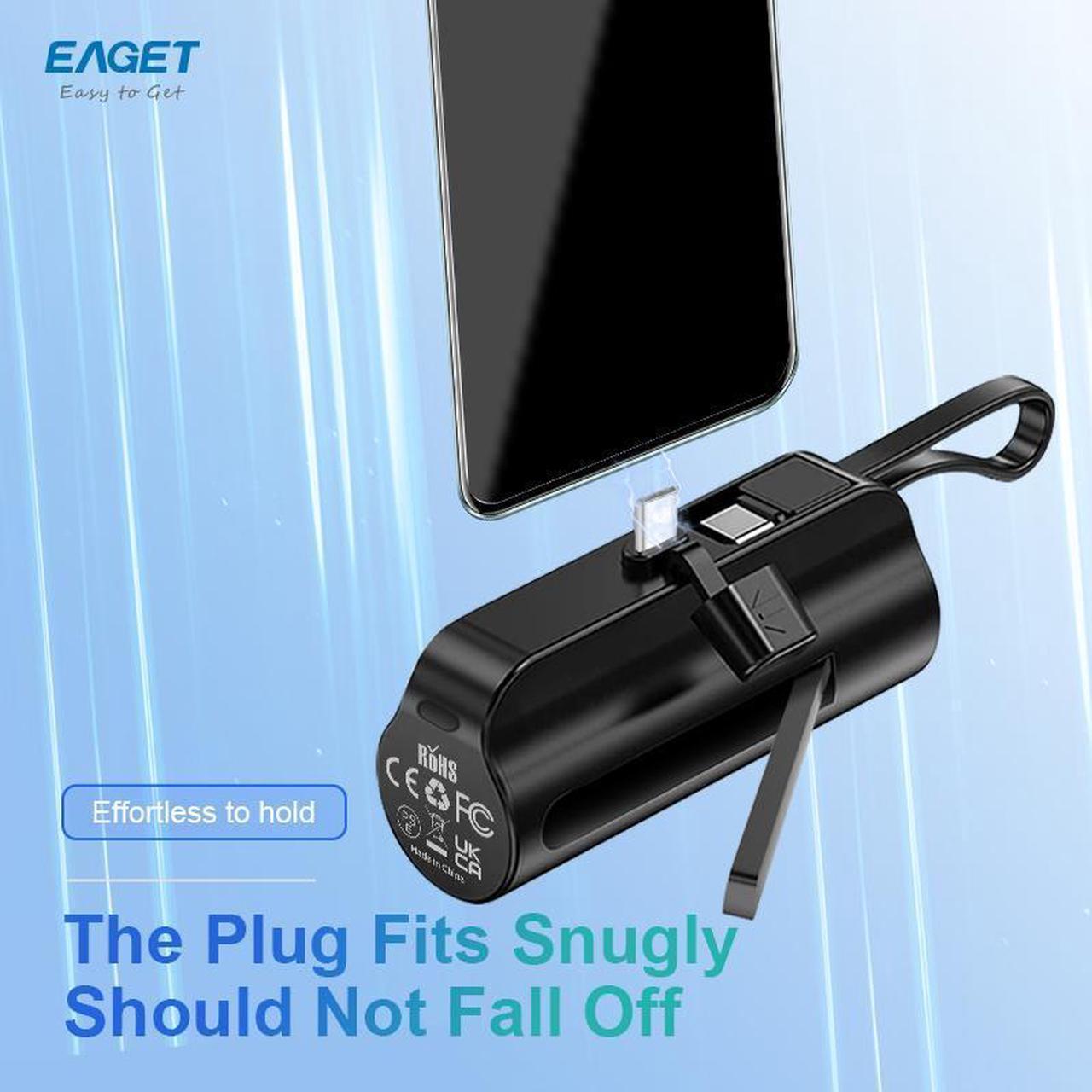 Alt view image 6 of 7 - EAGET EP01R Power Bank with Built-in USB-C Connector, with Stand, Black, 5,000mAh Portable Charger 5V 2.4A, for iPhone 16/15 Series, Samsung, iPad Pro/Air, and More