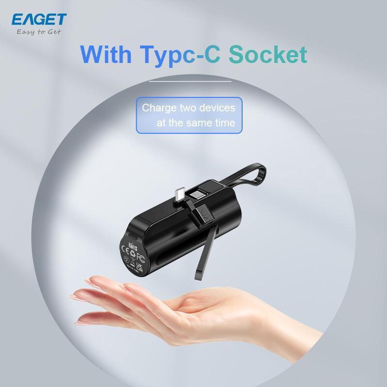 Alt view image 4 of 7 - EAGET EP01R Power Bank with Built-in USB-C Connector, with Stand, Black, 5,000mAh Portable Charger 5V 2.4A, for iPhone 16/15 Series, Samsung, iPad Pro/Air, and More
