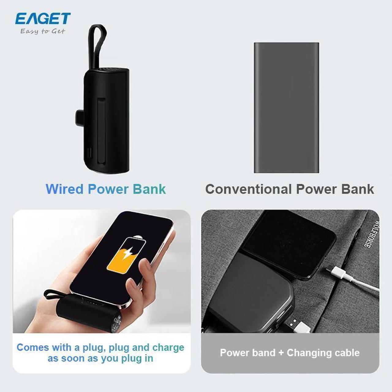 Alt view image 7 of 7 - EAGET EP01R Power Bank with Built-in USB-C Connector, with Stand, Black, 5,000mAh Portable Charger 5V 2.4A, for iPhone 16/15 Series, Samsung, iPad Pro/Air, and More