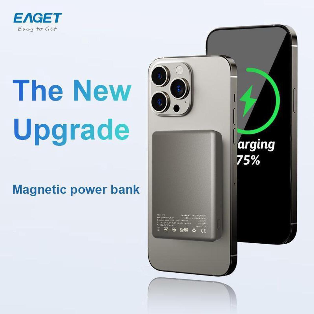 Alt view image 7 of 7 - EAGET Power Bank,Ultra-Slim 10,000mAh Magnetic Wireless Portable Charger, 22.5W Fast Charging Battery Pack with USB-C Cable Designed for iPhone 16 Pro Max/16 Pro/16/15/14/13/12
