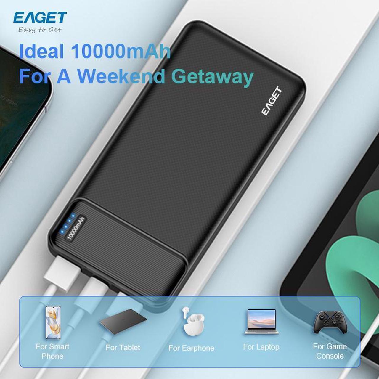 Alt view image 4 of 7 - EAGET EP02 10000mAh Dual USB Portable Charger, USB-C Fast Charging Power Bank, Slim Backup Charger Battery Pack Compatible with iPhone 16/15/14/13 Galaxy S24/22 Google iPad Android, Black