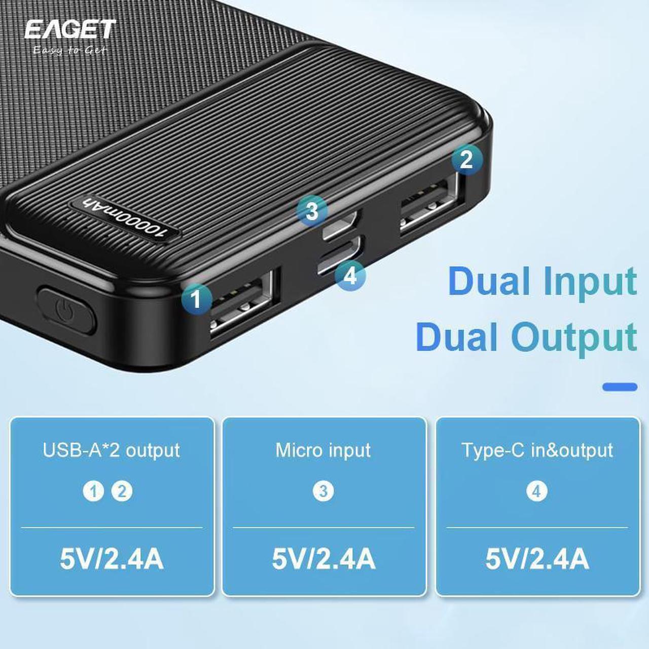 Alt view image 5 of 7 - EAGET EP02 10000mAh Dual USB Portable Charger, USB-C Fast Charging Power Bank, Slim Backup Charger Battery Pack Compatible with iPhone 16/15/14/13 Galaxy S24/22 Google iPad Android, Black
